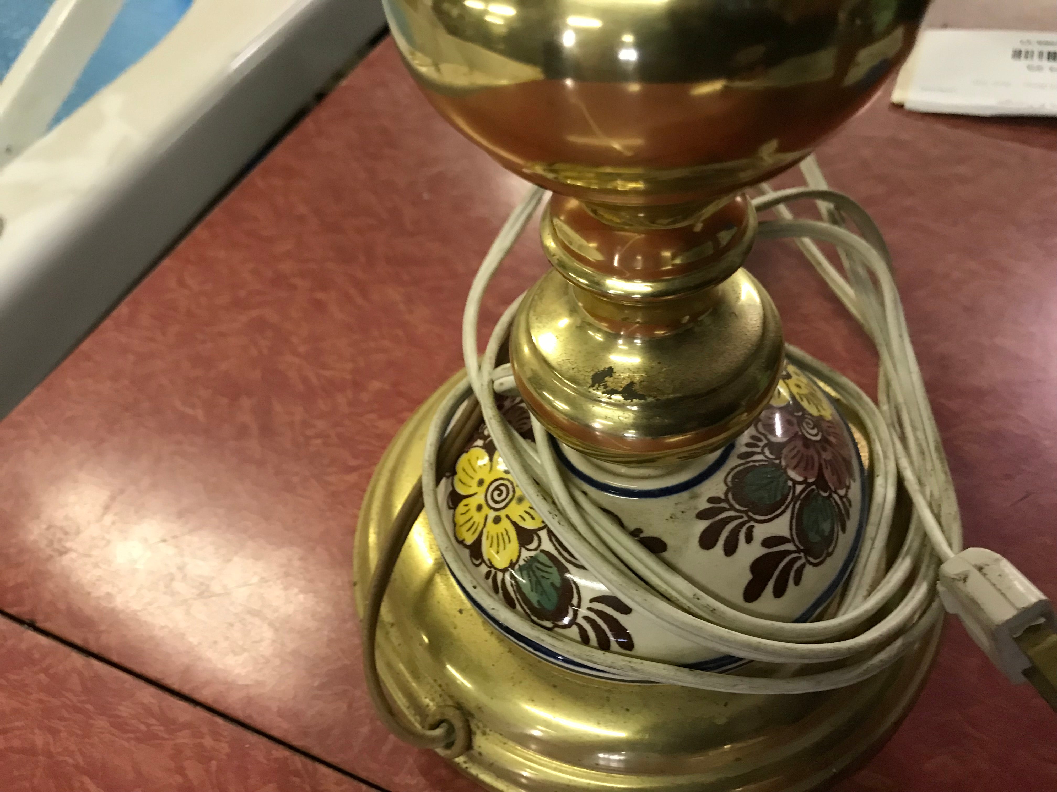 Table Lamp Brass with 5 candelabra light and Ceramic Painted Features