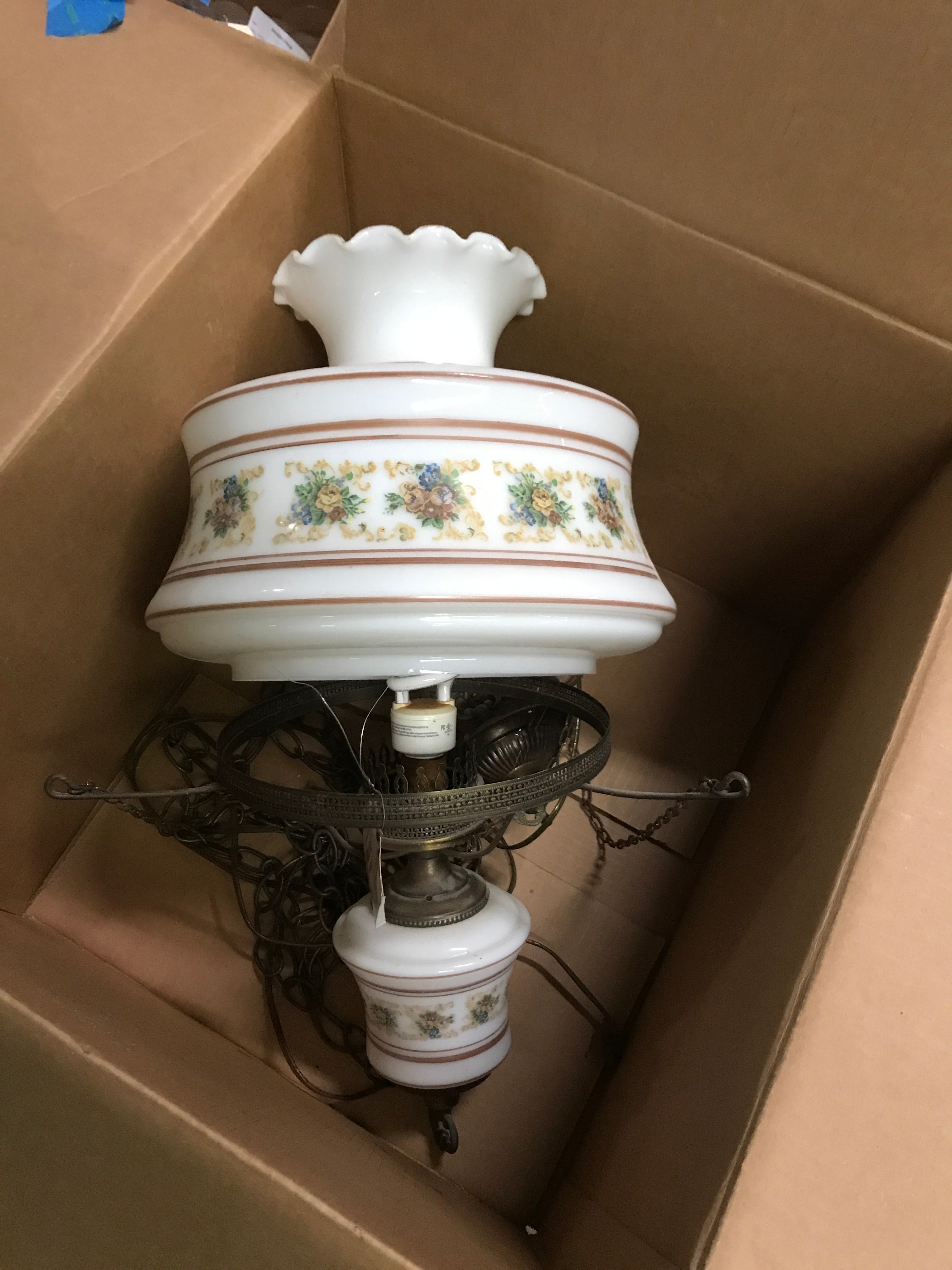 Vintage Hurricane Brass and Glass Pendant Light