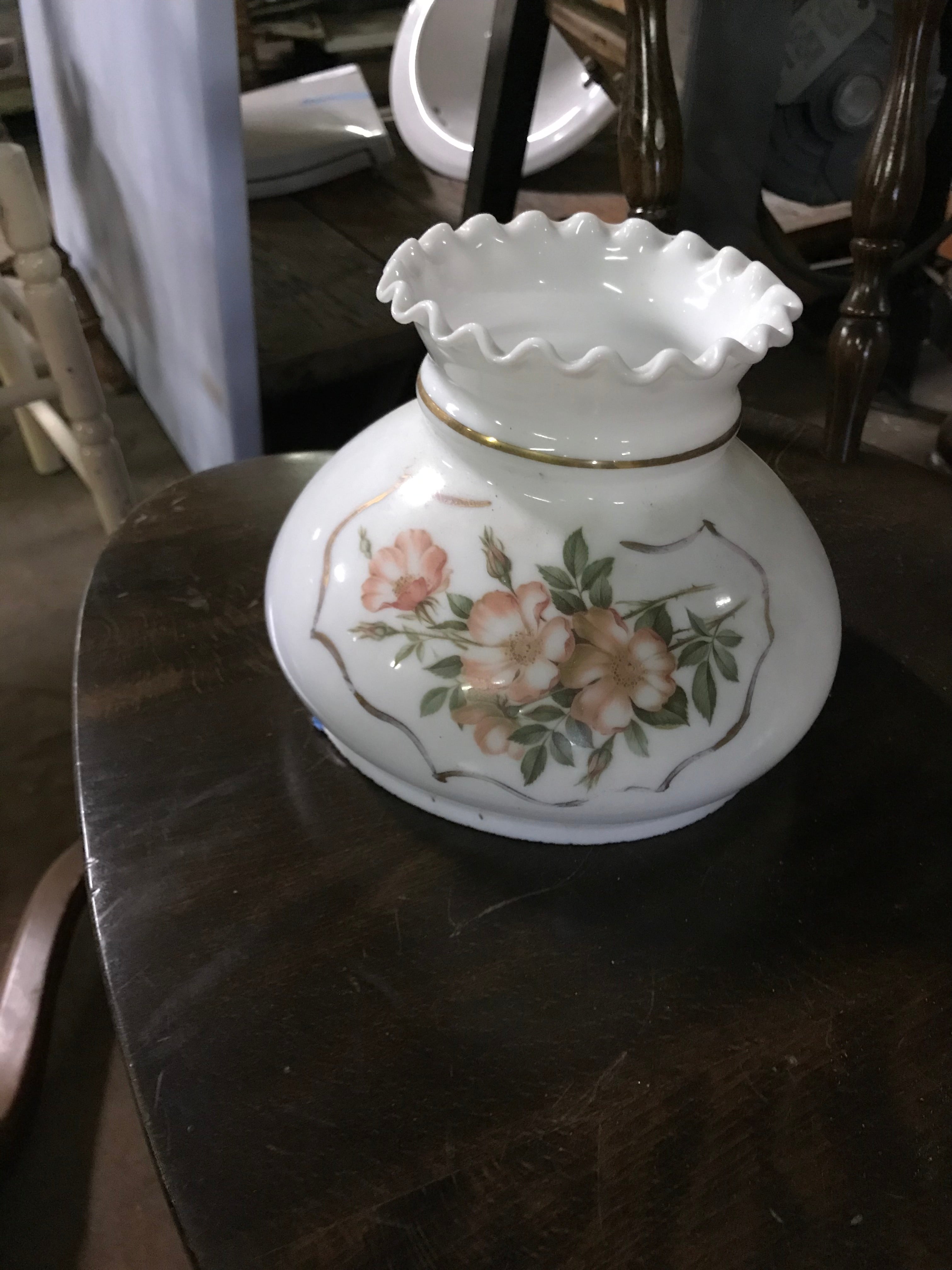 Vintage Glass Shade 7" Round Painted Flowers on Side