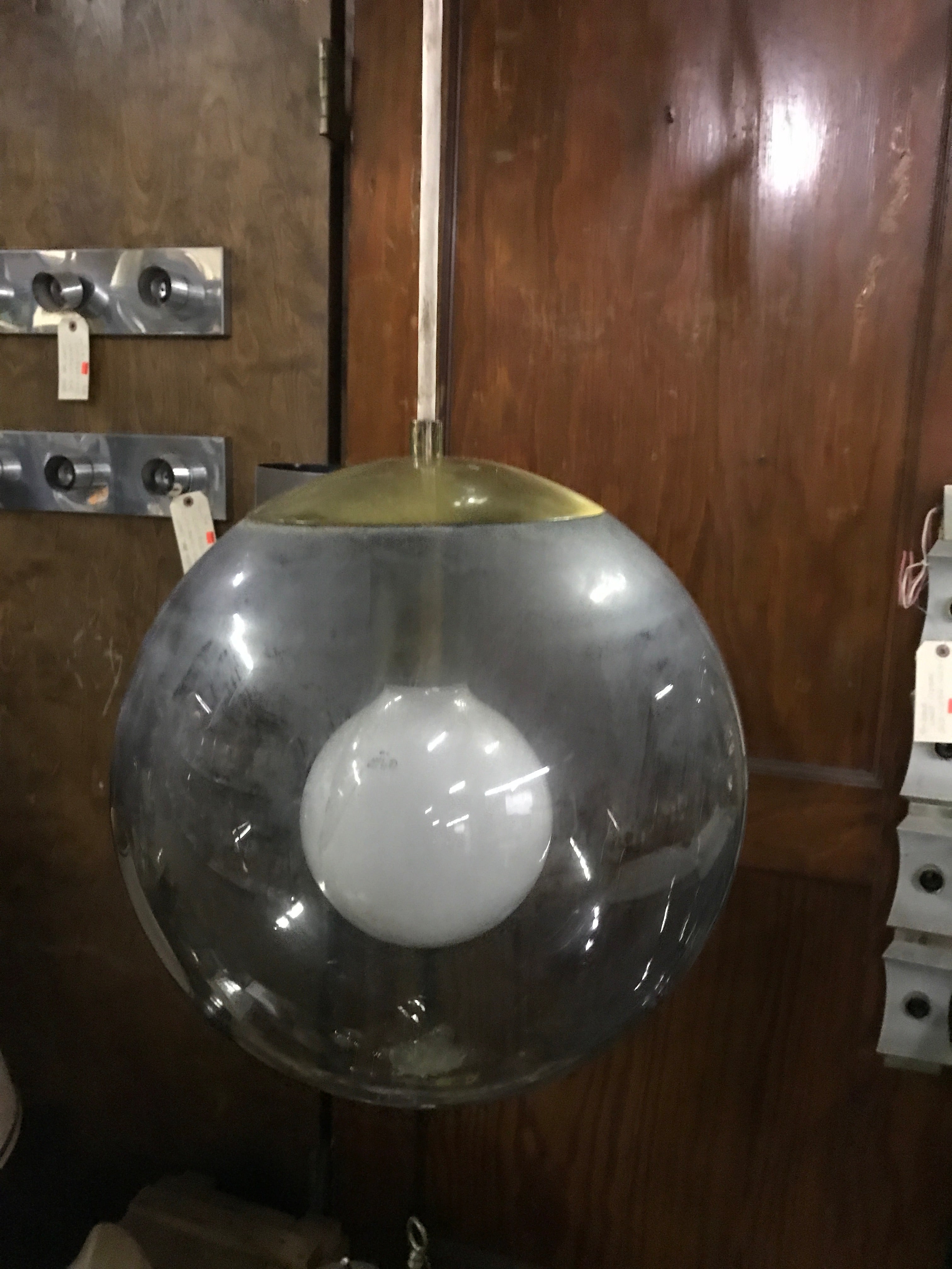 Vintage Kichler Brass Pendent Light Fixture Smokey Globe