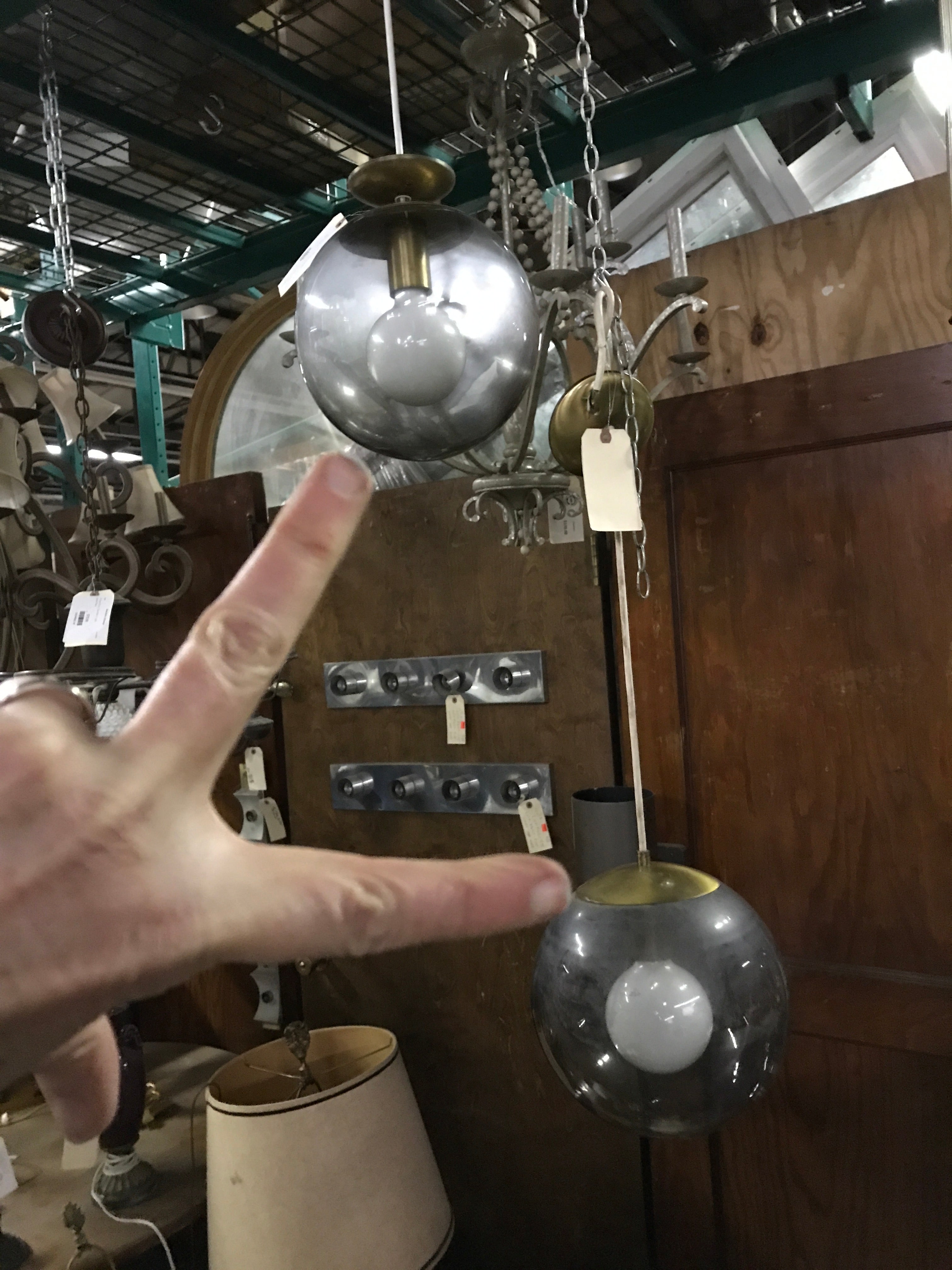 Vintage Kichler Brass Pendent Light Fixture Smokey Globe
