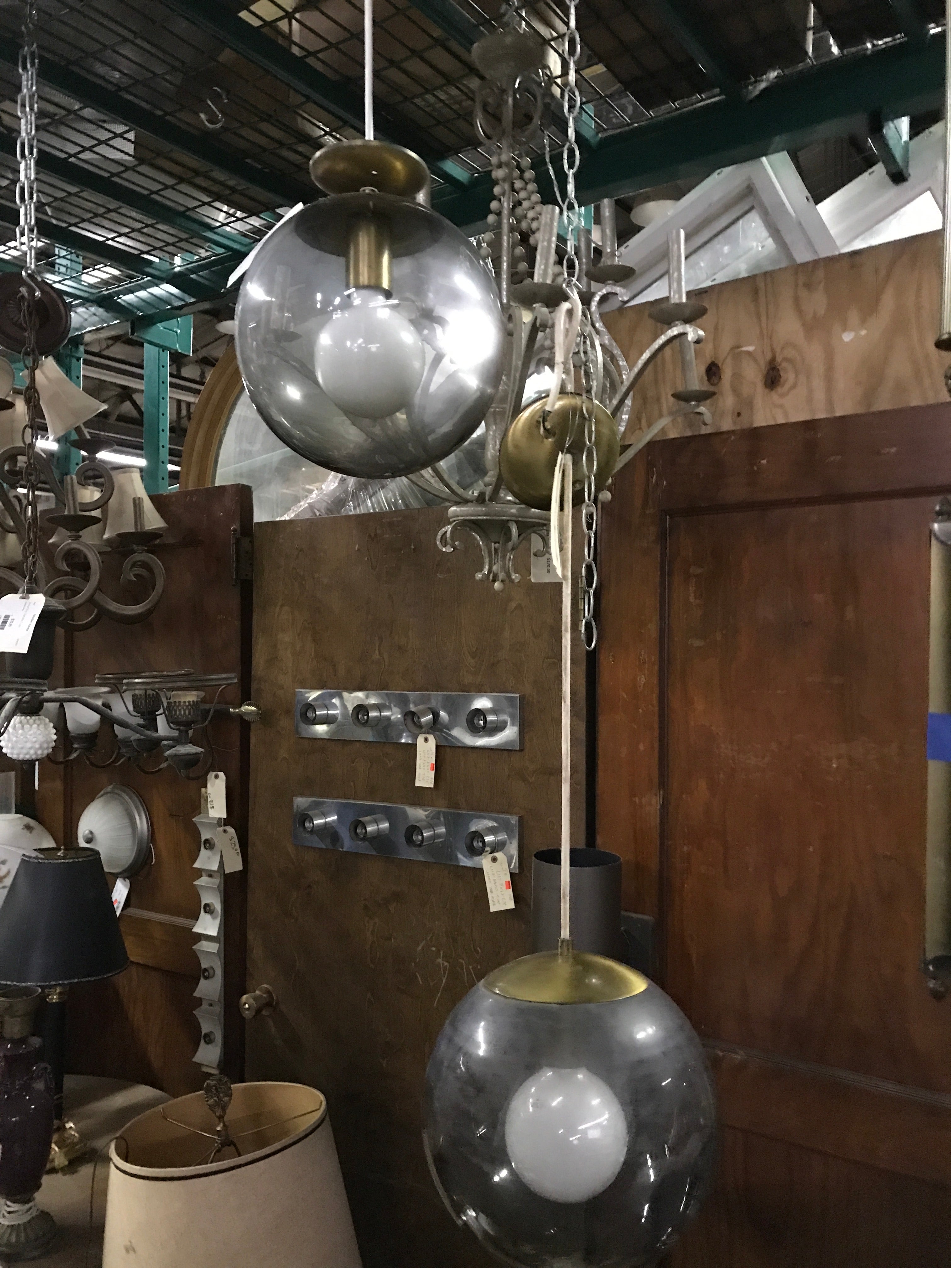 Vintage Kichler Brass Pendent Light Fixture Smokey Globe