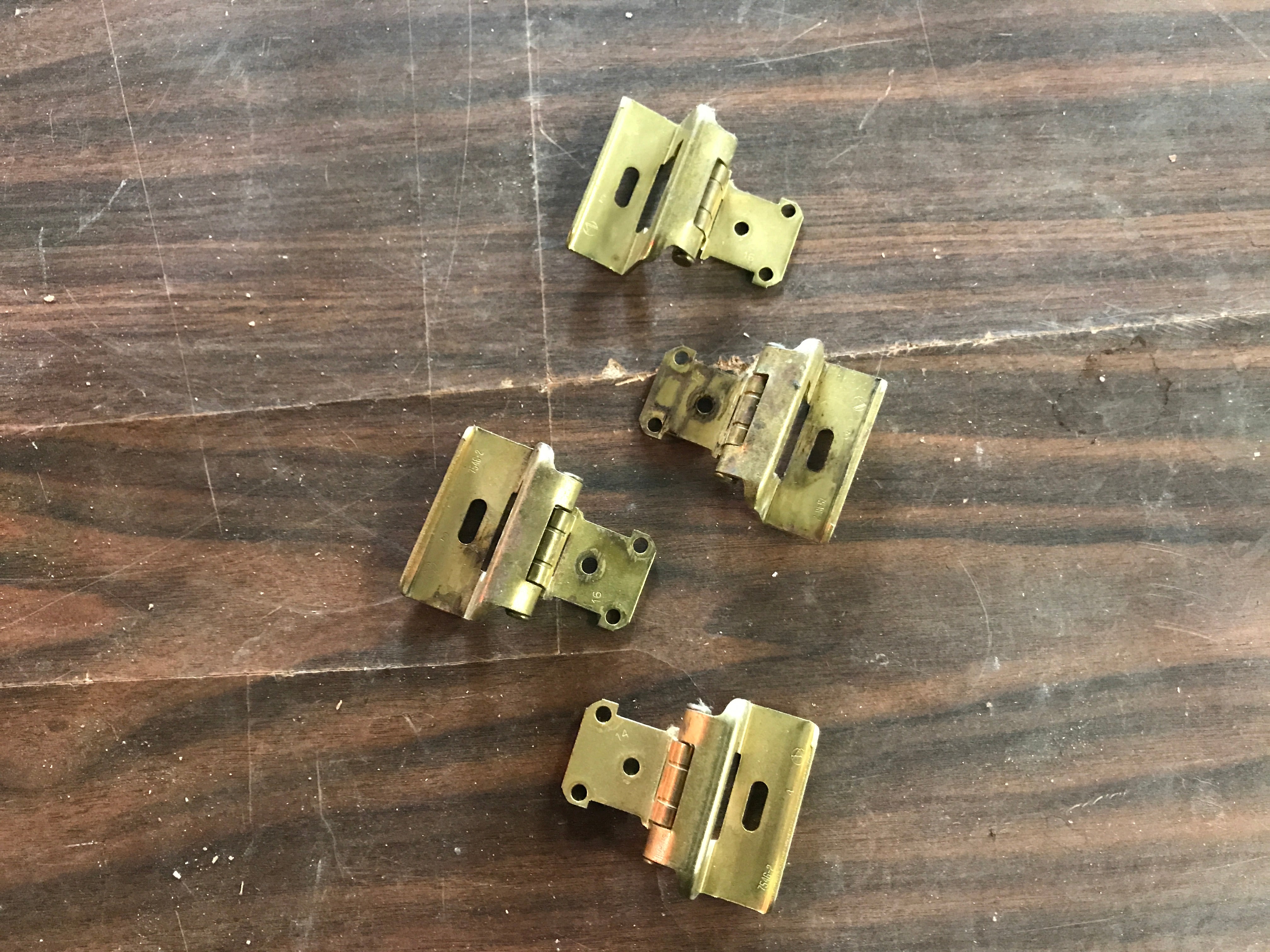 Brass Cabinet door hinges and screws Lot of 34