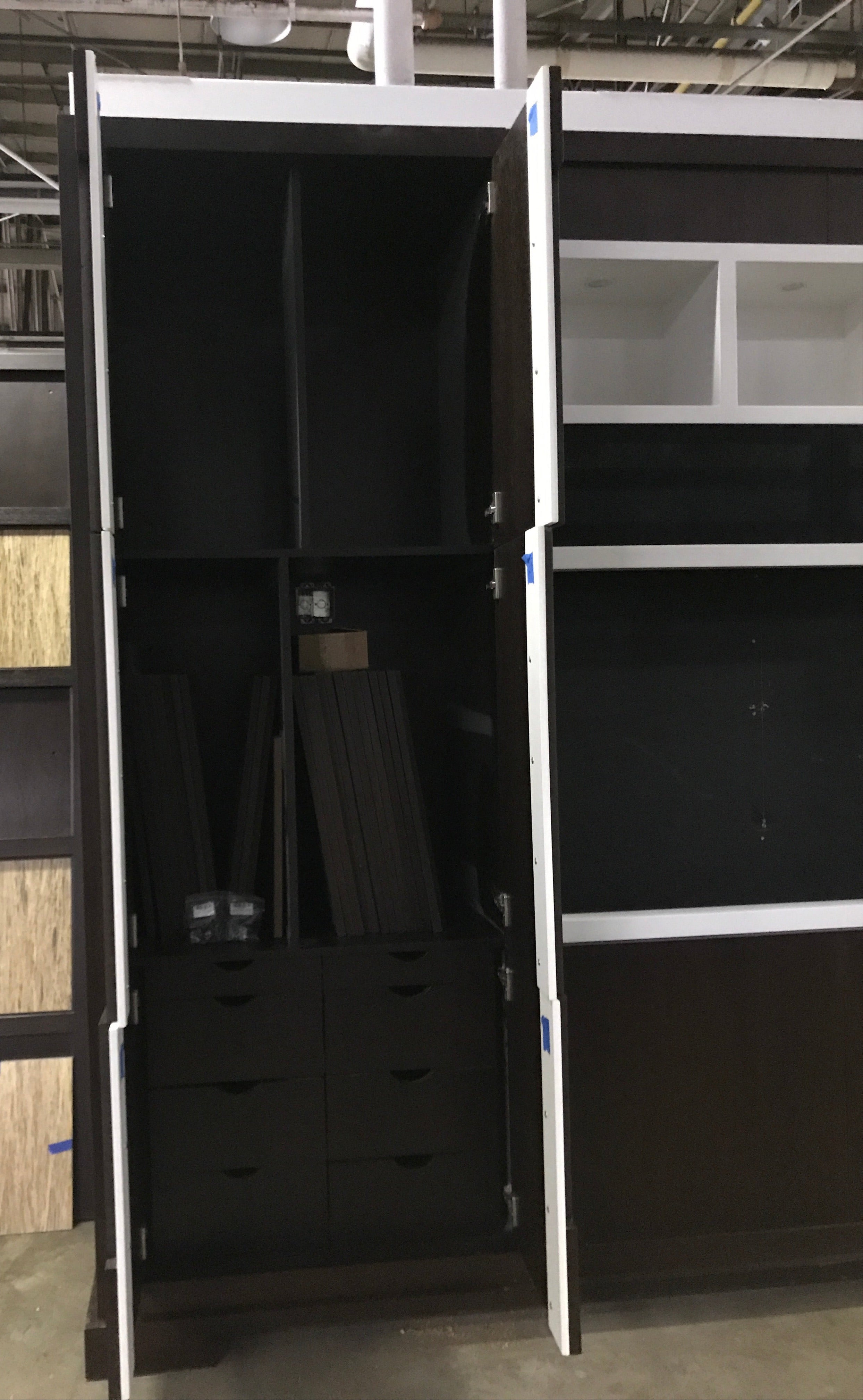 Contemporary Wall Storage Cabinet System or Room Divider – Built-In TV Niche & Audio Panel