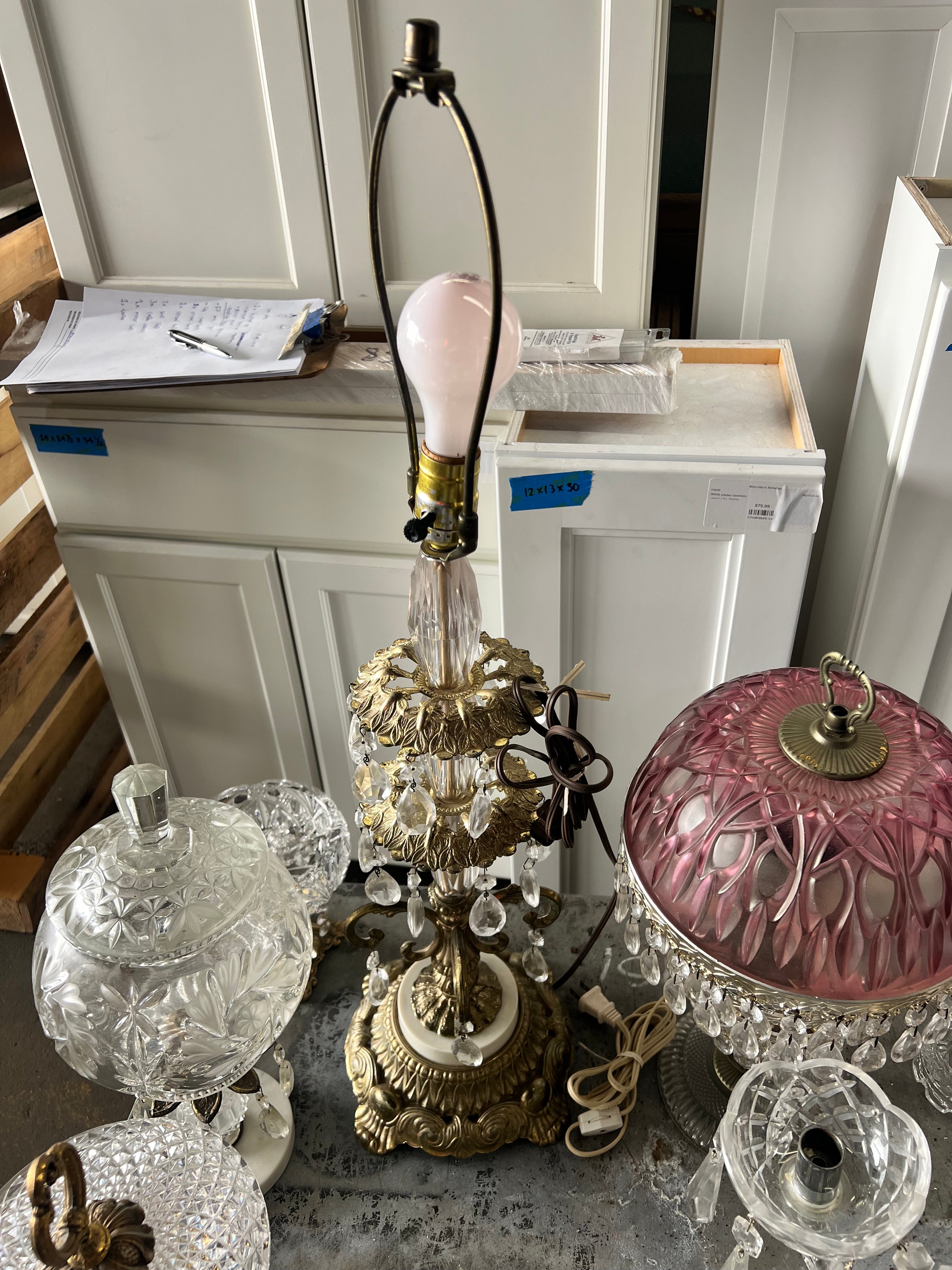 Vintage Brass Lamp w Crystals