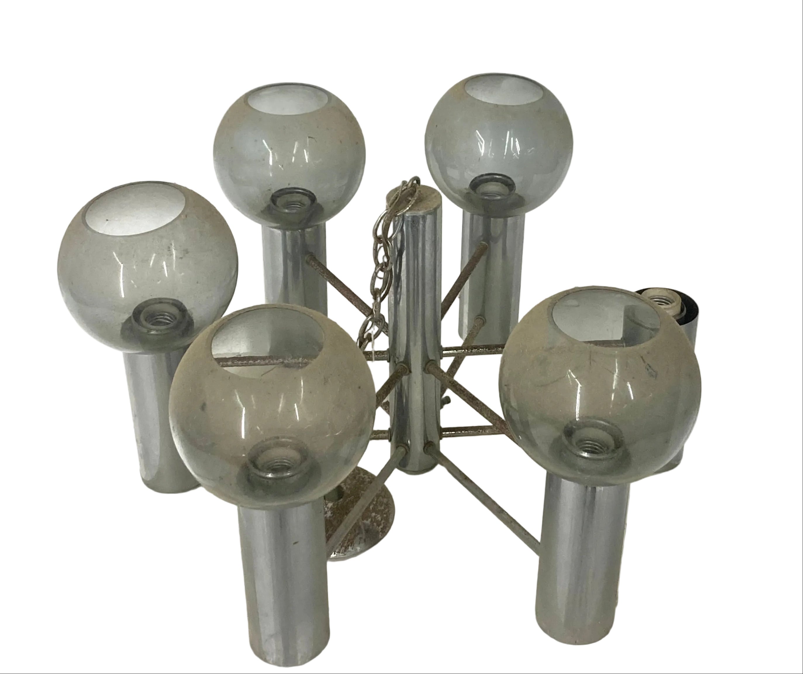 Mid-Century Modern Smoked Glass Globe Chandelier – 6-Light Chrome Fixture (Missing One Globe)