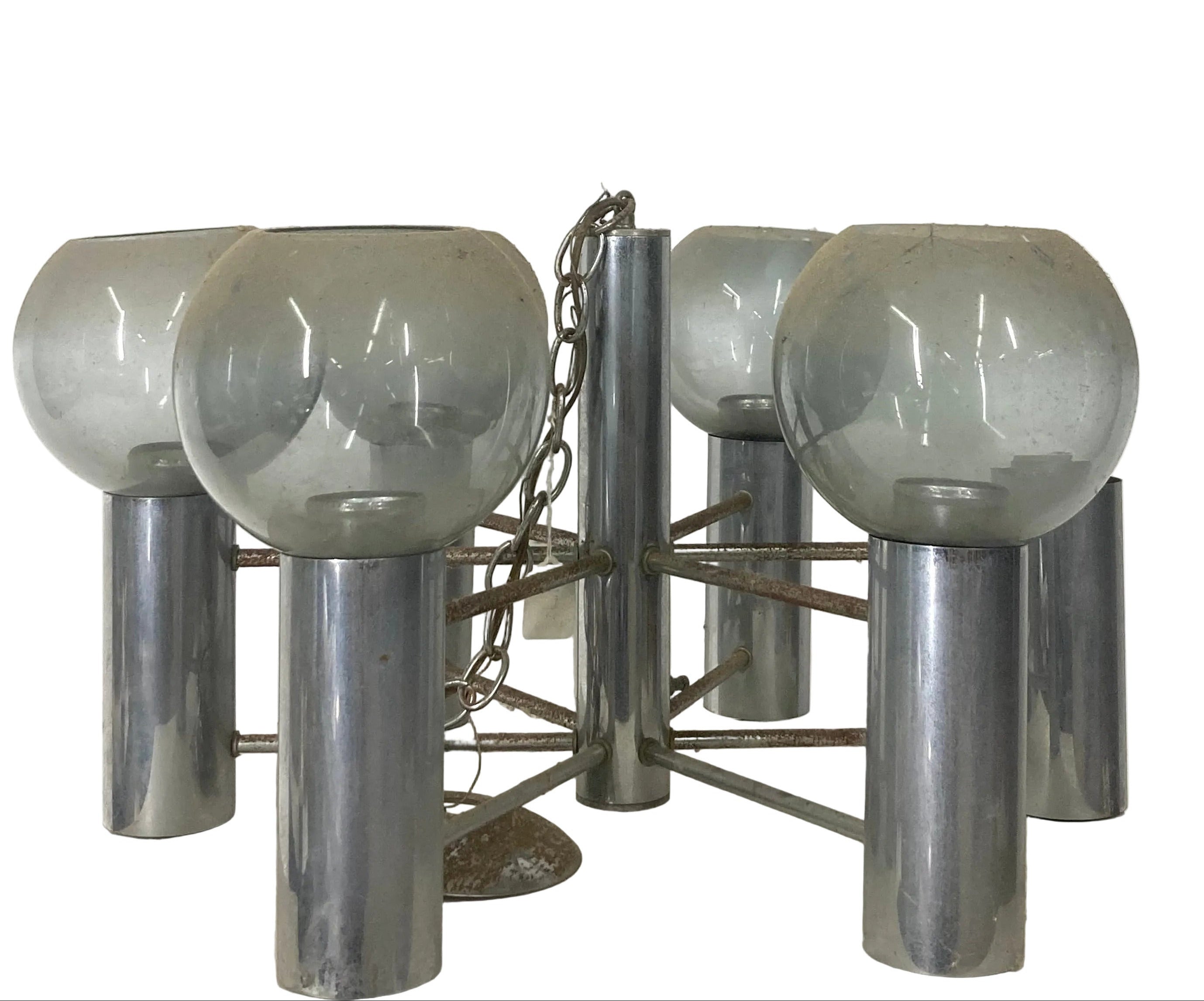 Mid-Century Modern Smoked Glass Globe Chandelier – 6-Light Chrome Fixture (Missing One Globe)