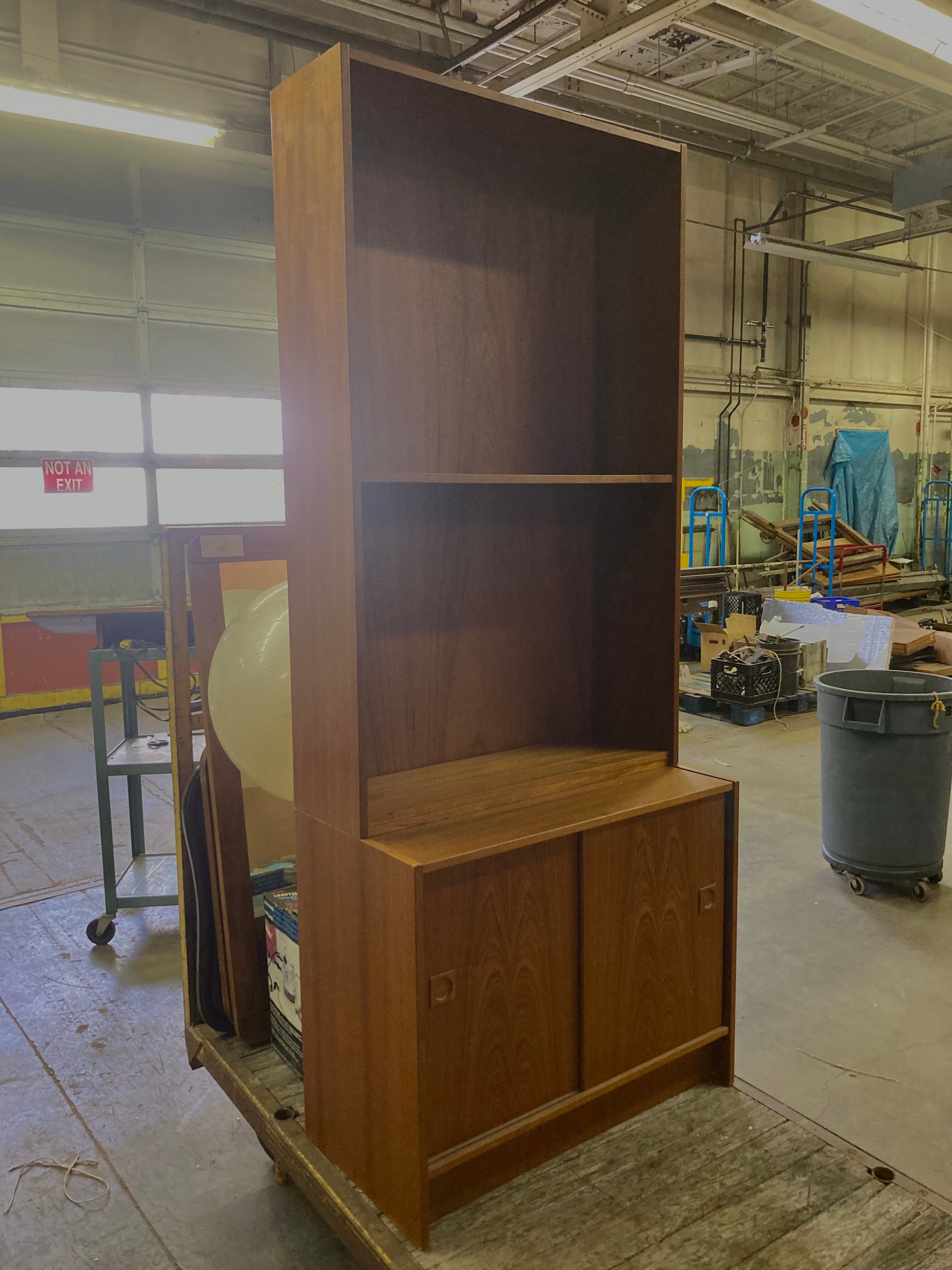Mid-century Wooden Bookshelf w/ Sliding Cabinet Doors