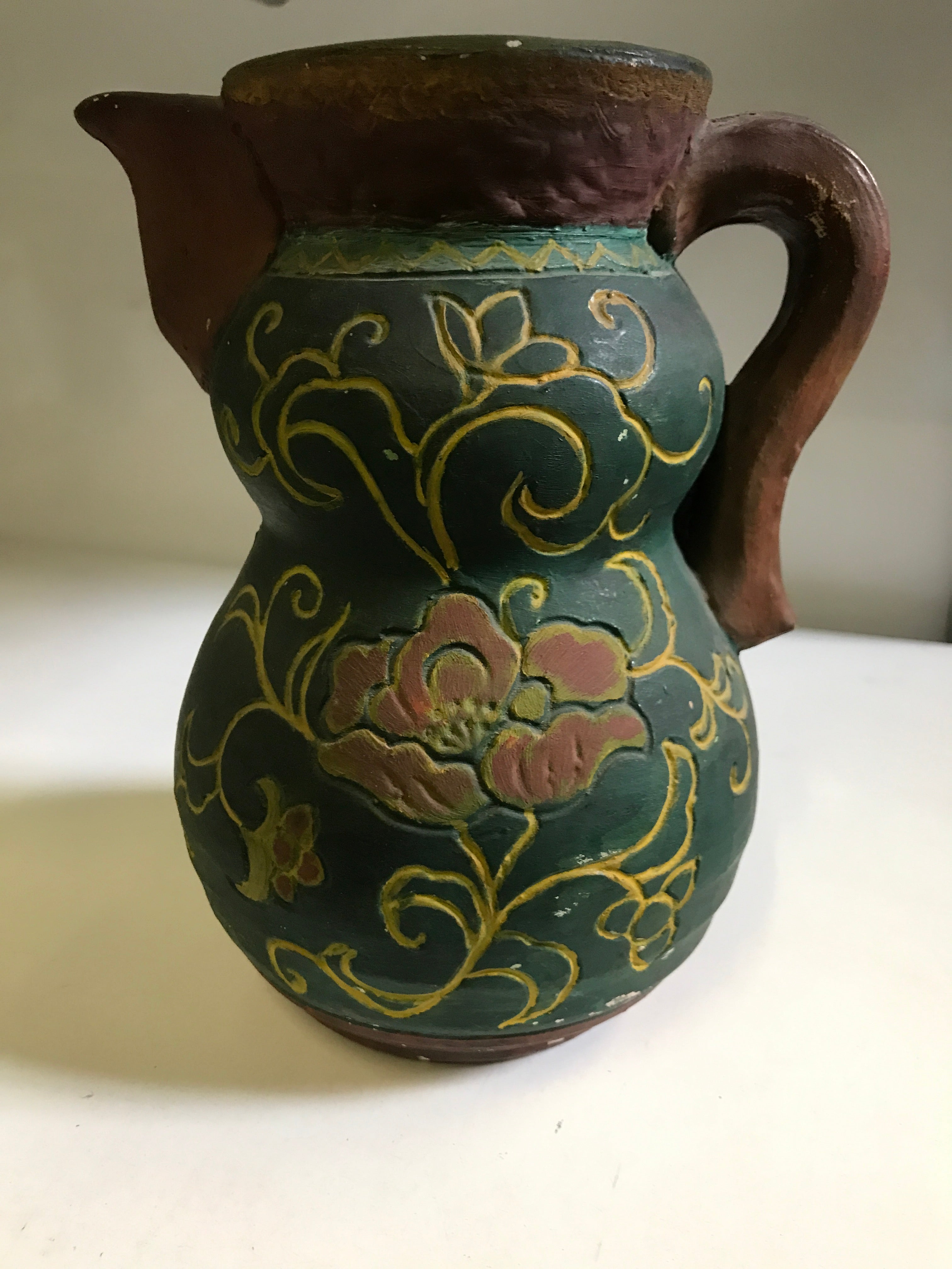 Old Clay Handled-Vessel Decorative  Piece with a Spout