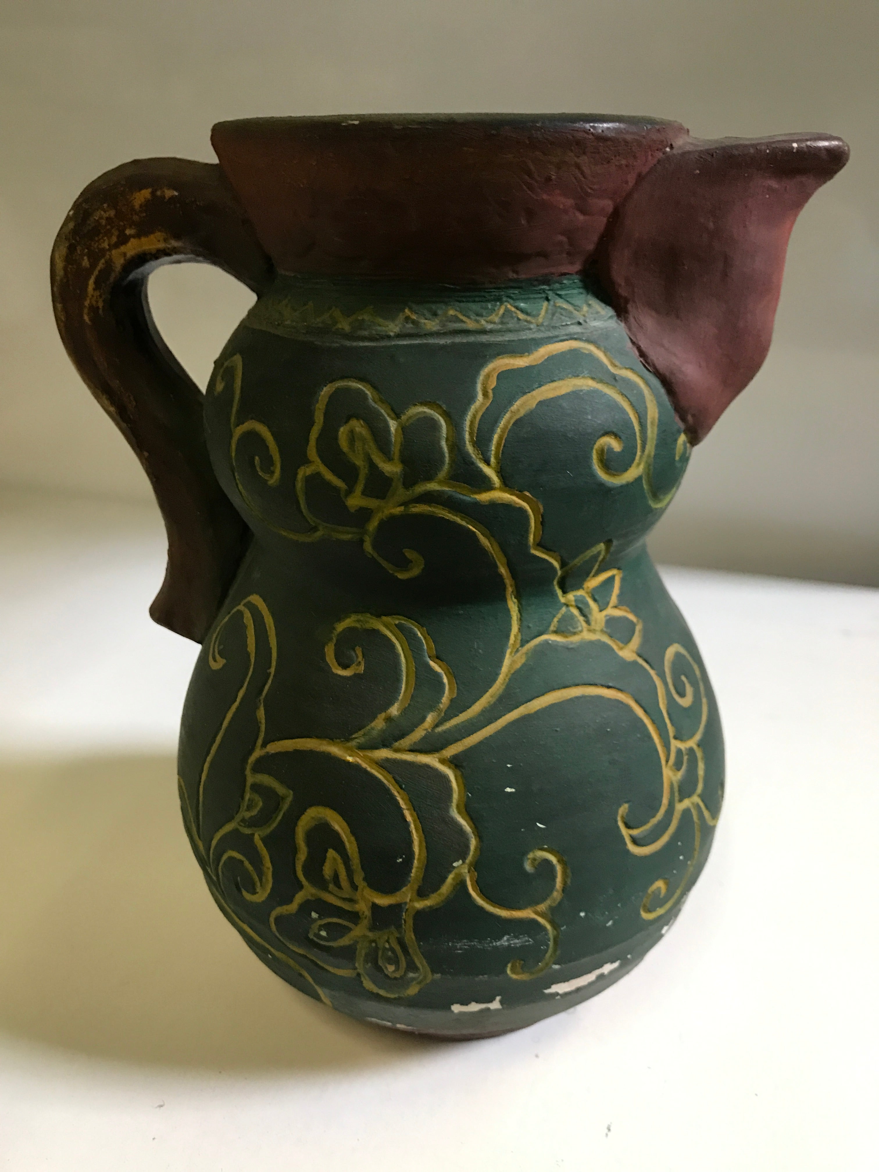 Old Clay Handled-Vessel Decorative  Piece with a Spout