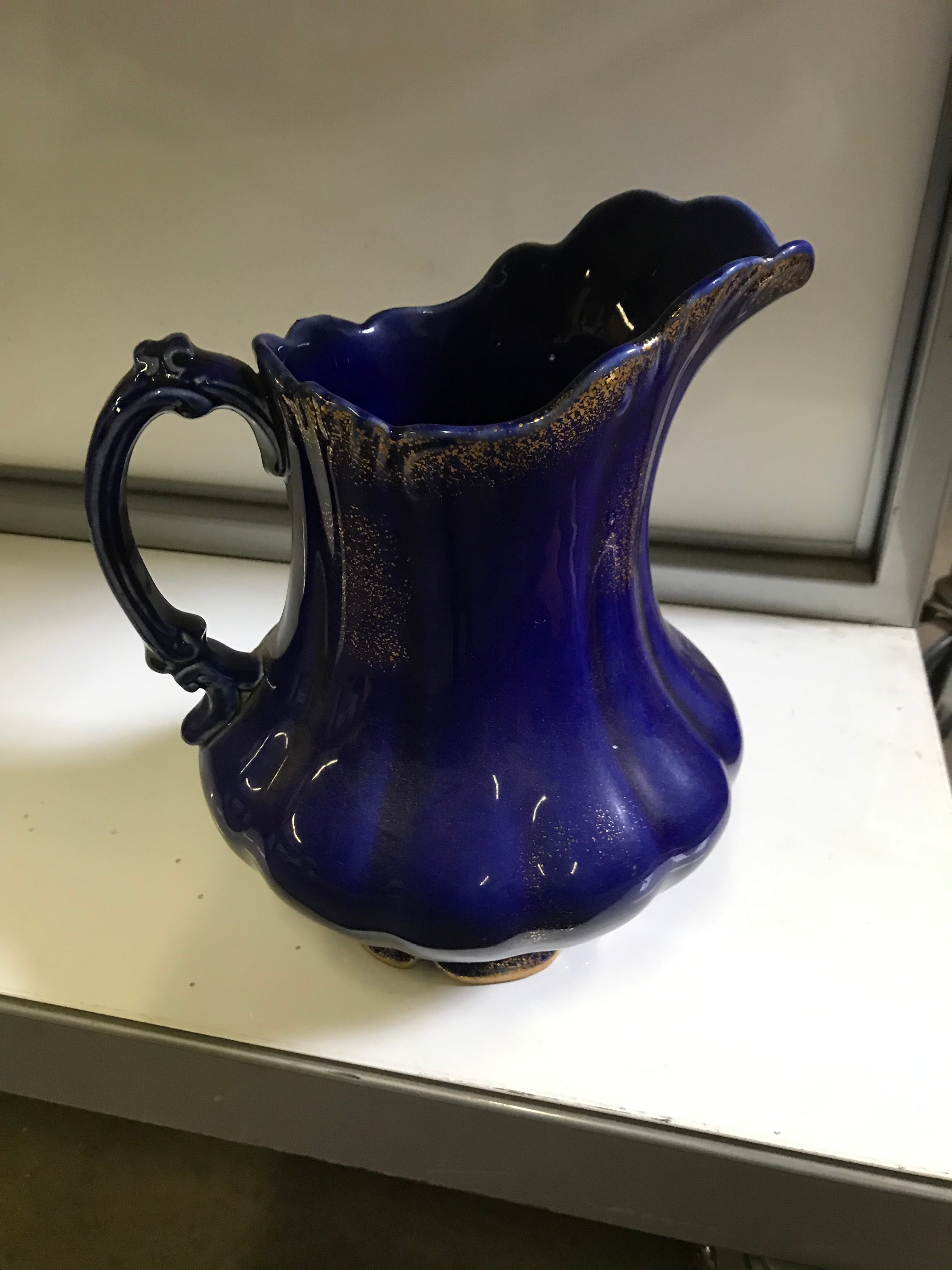 Vintage Cobalt Blue Pitcher w Gold Accents and Minor Crack