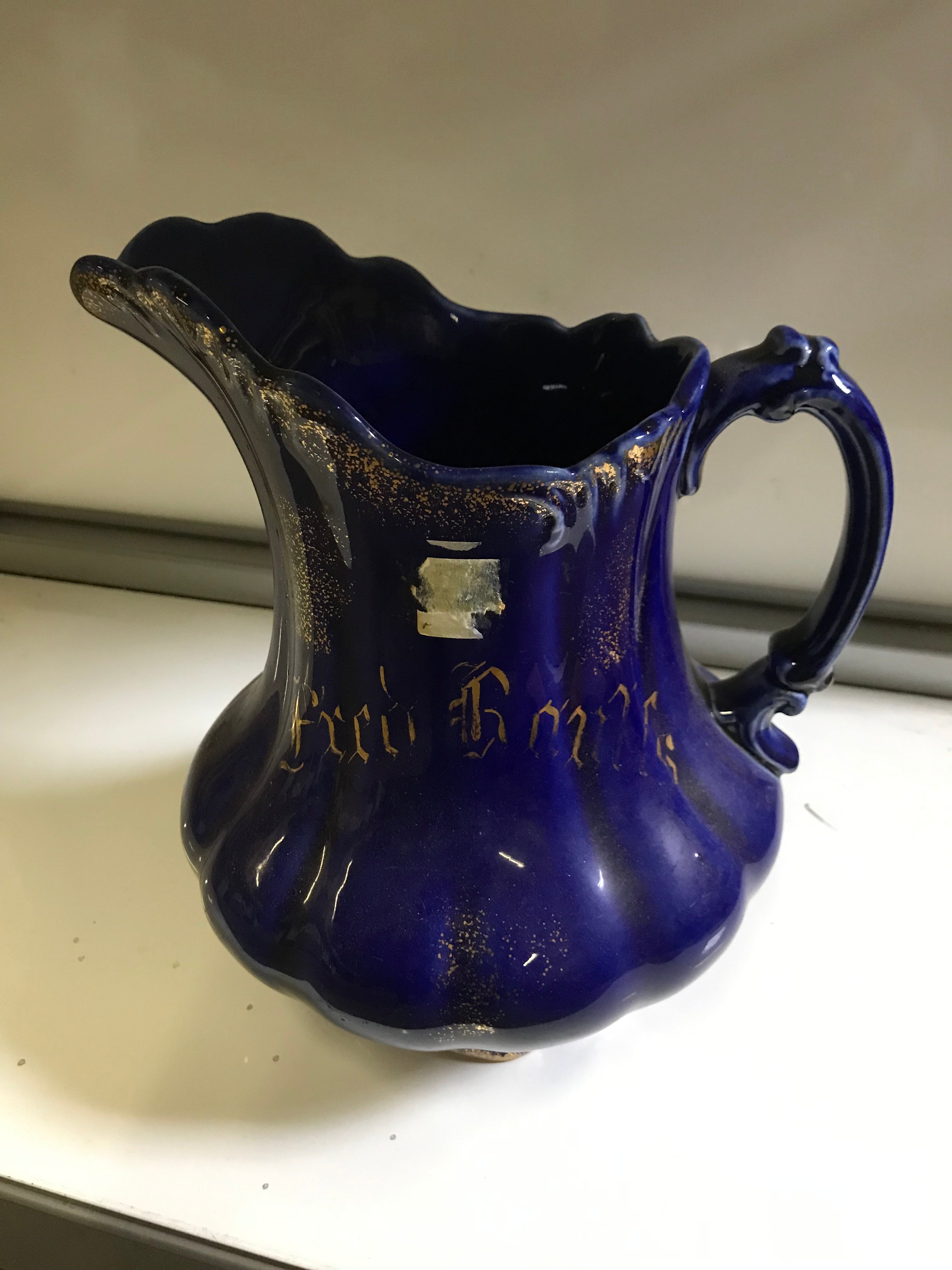 Vintage Cobalt Blue Pitcher w Gold Accents and Minor Crack