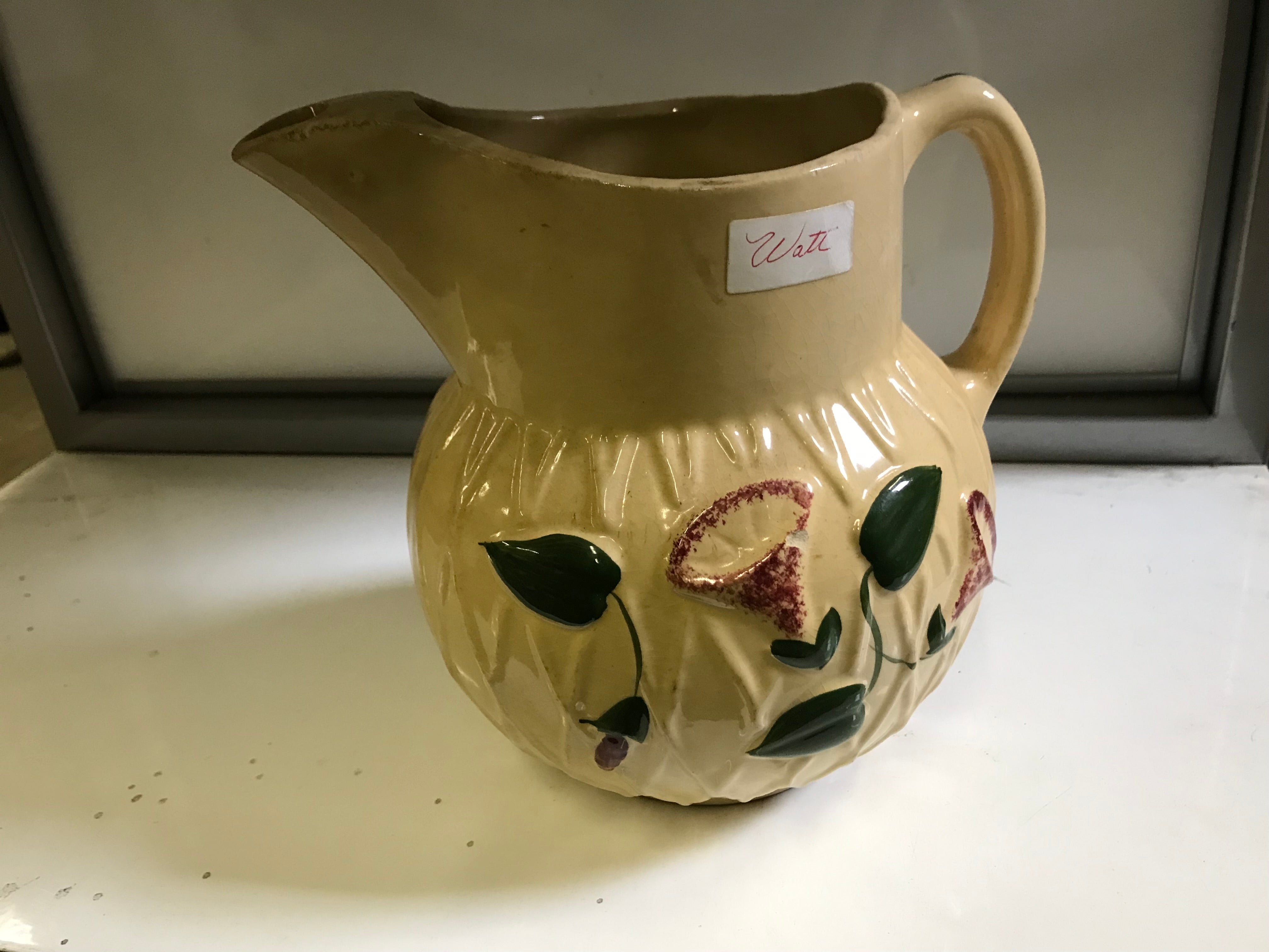 Watt Pottery Pitcher with Painted Purple Morning Glory
