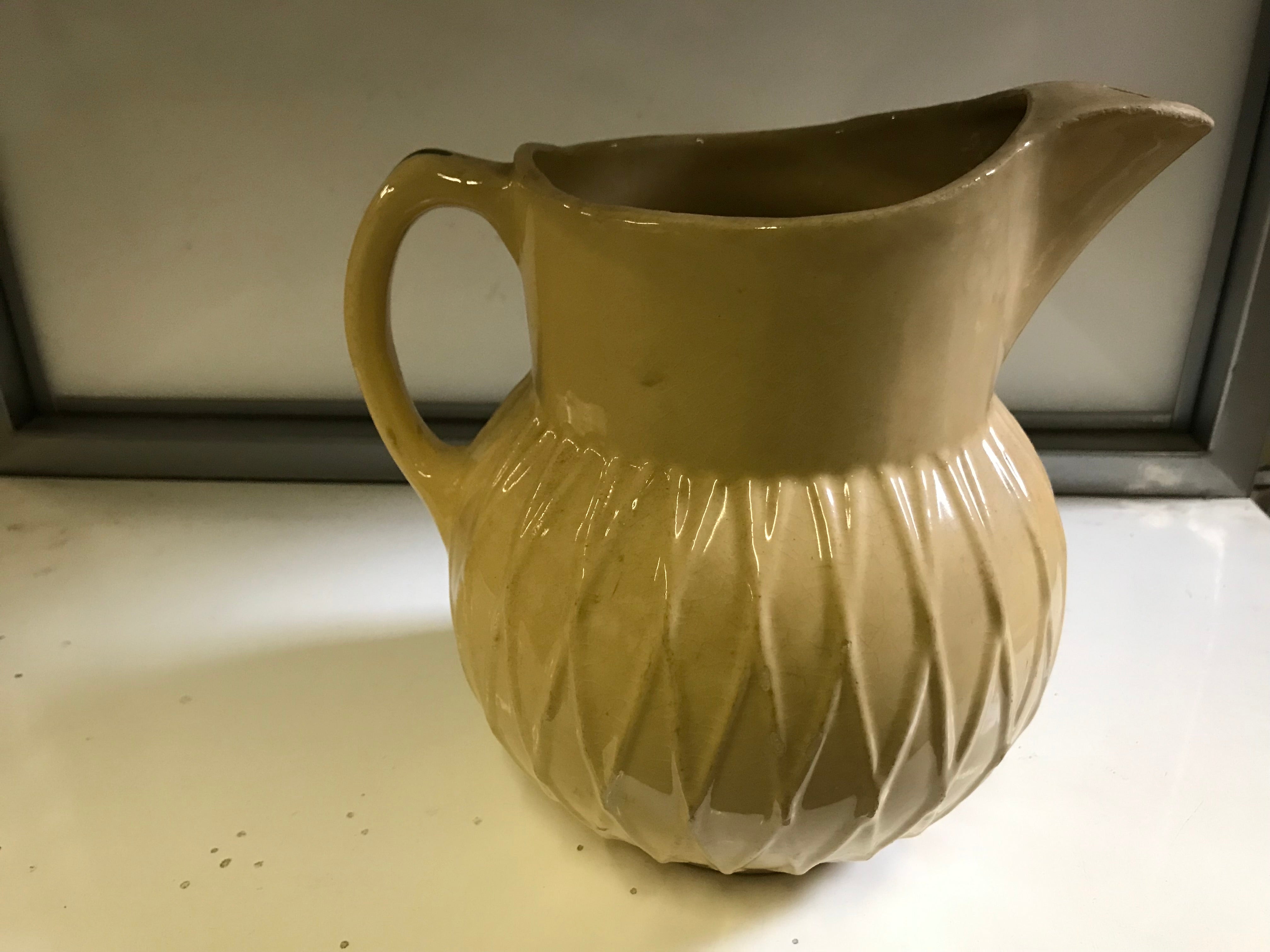 Watt Pottery Pitcher with Painted Purple Morning Glory