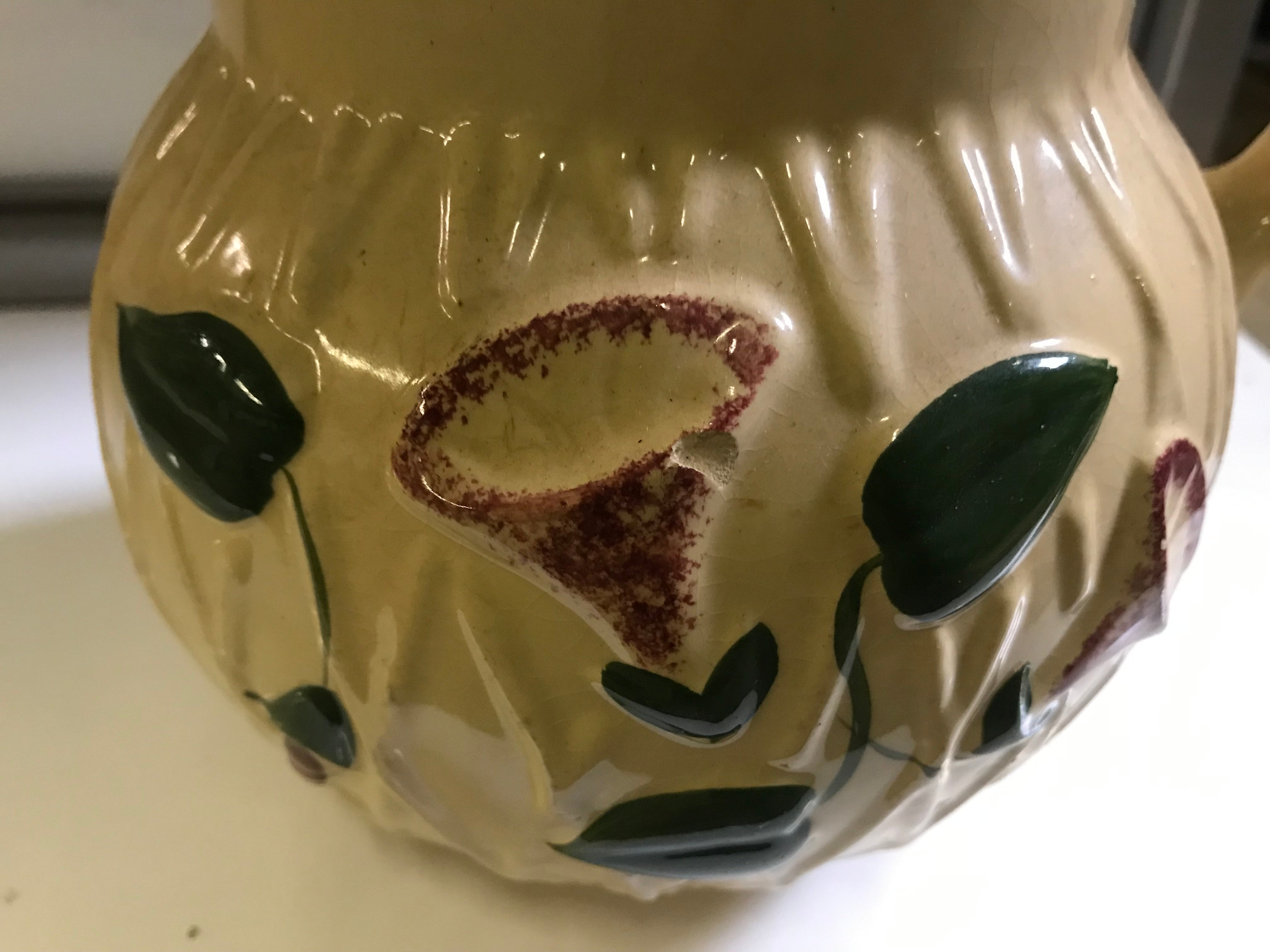 Watt Pottery Pitcher with Painted Purple Morning Glory