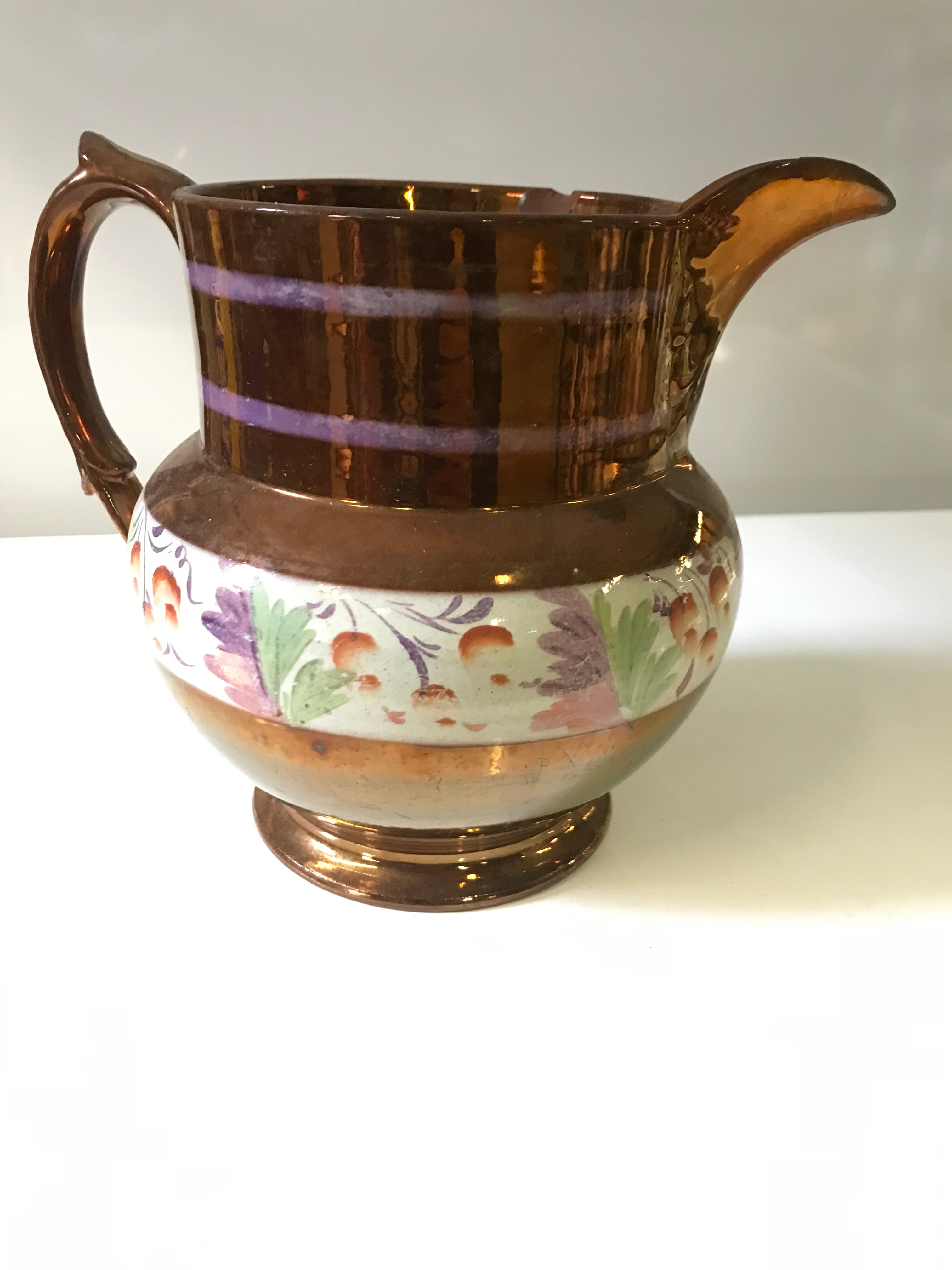 Copper Lusterware Pitcher w Hand-Painted Floral Design