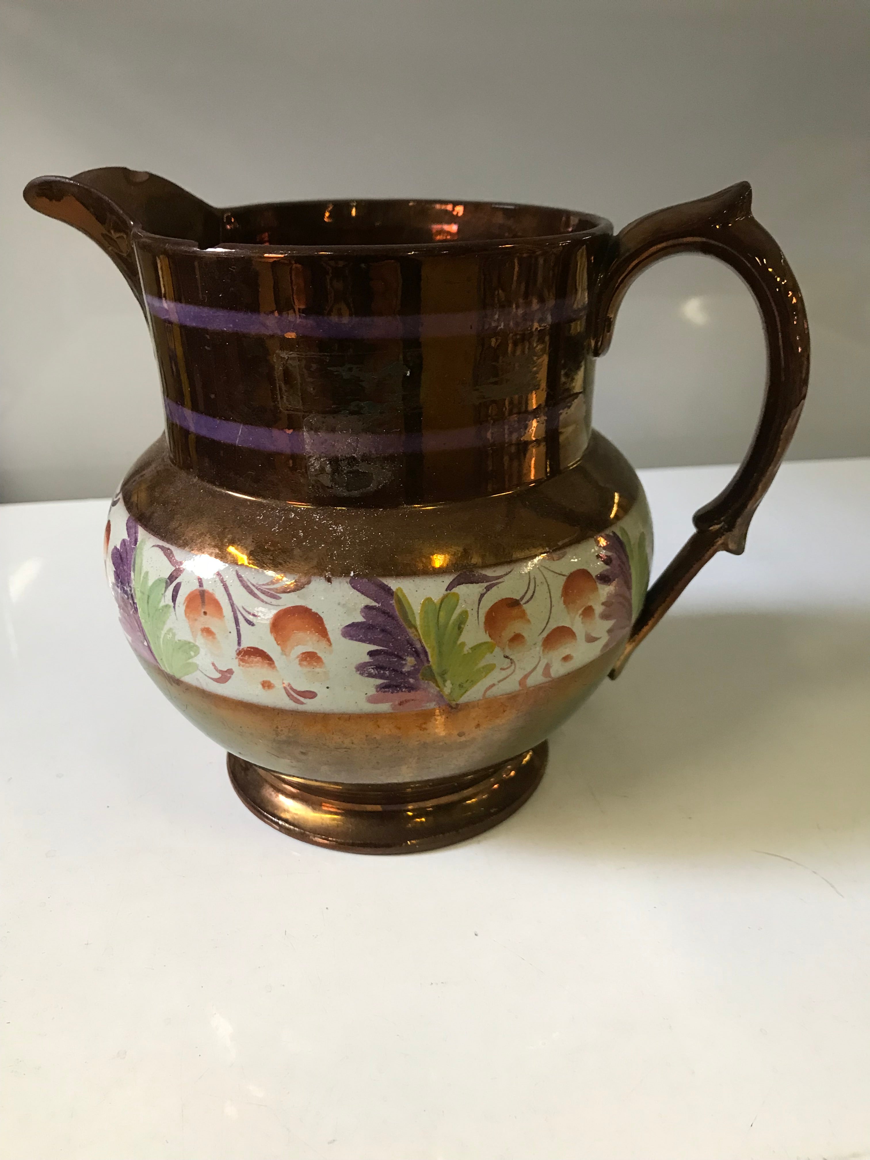 Copper Lusterware Pitcher w Hand-Painted Floral Design