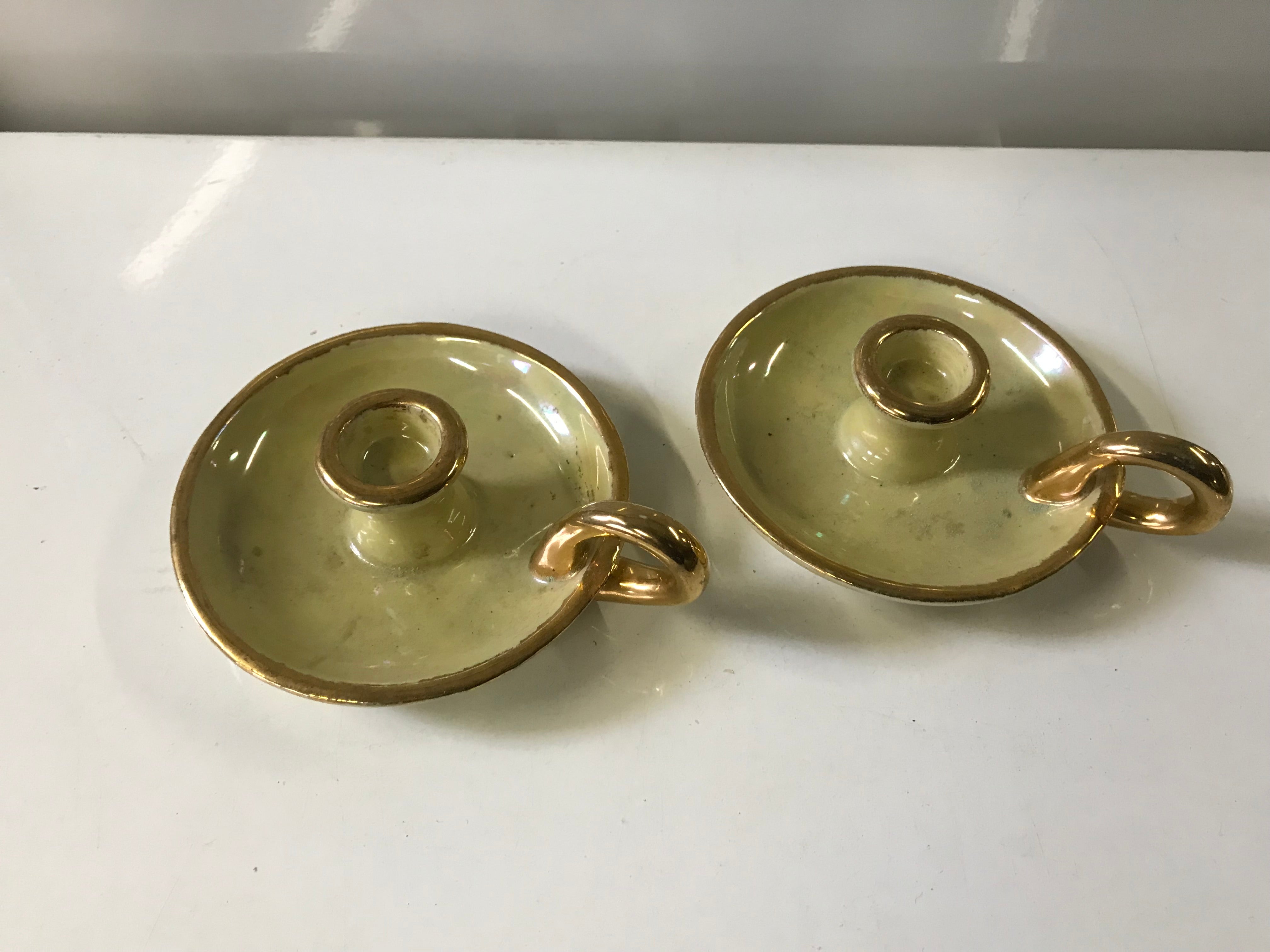 Pair of Gilded Lusterware Candlestick Holders