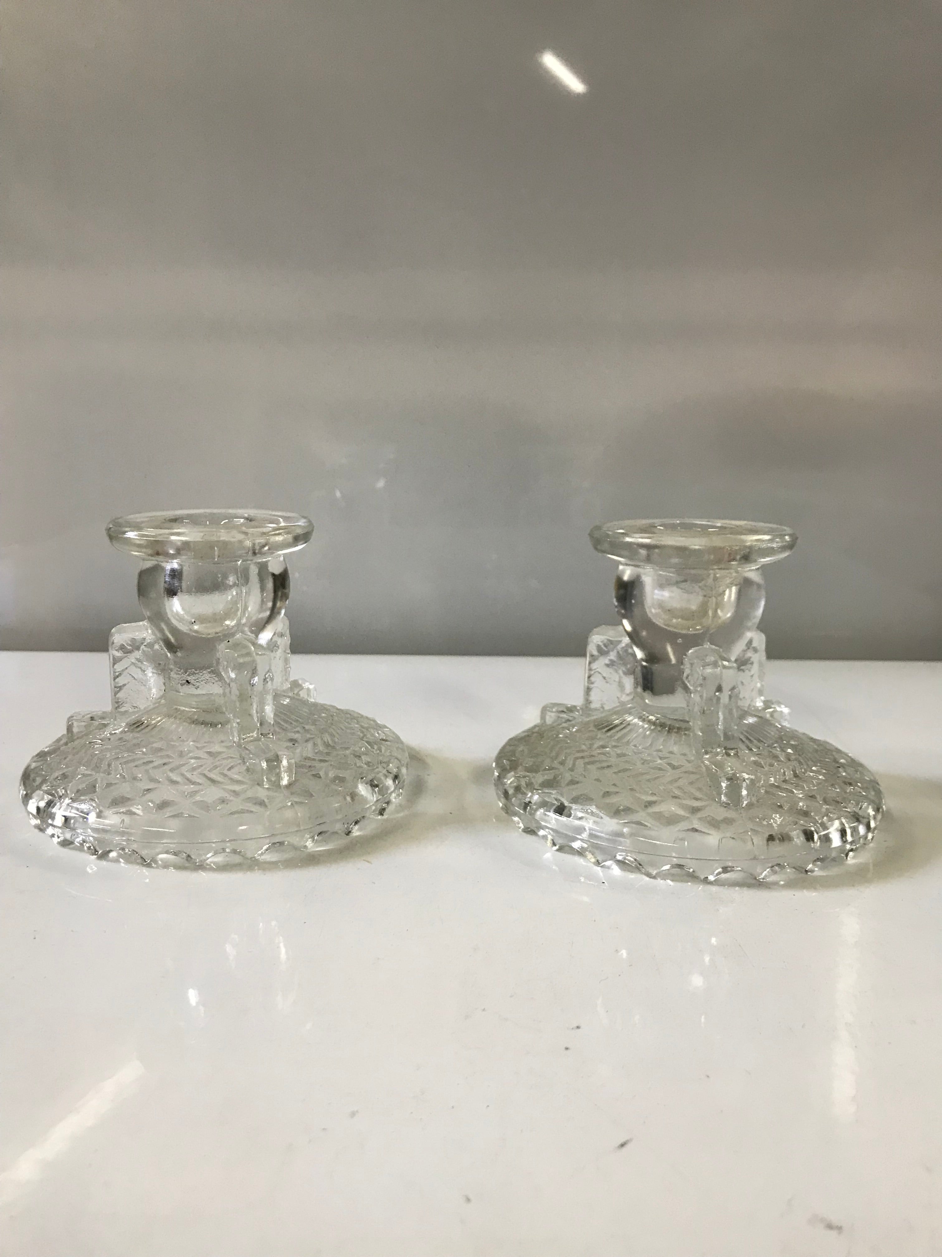 Pair of Pressed Glass Anchor Hocking Stars & Laurel Candle Holders
