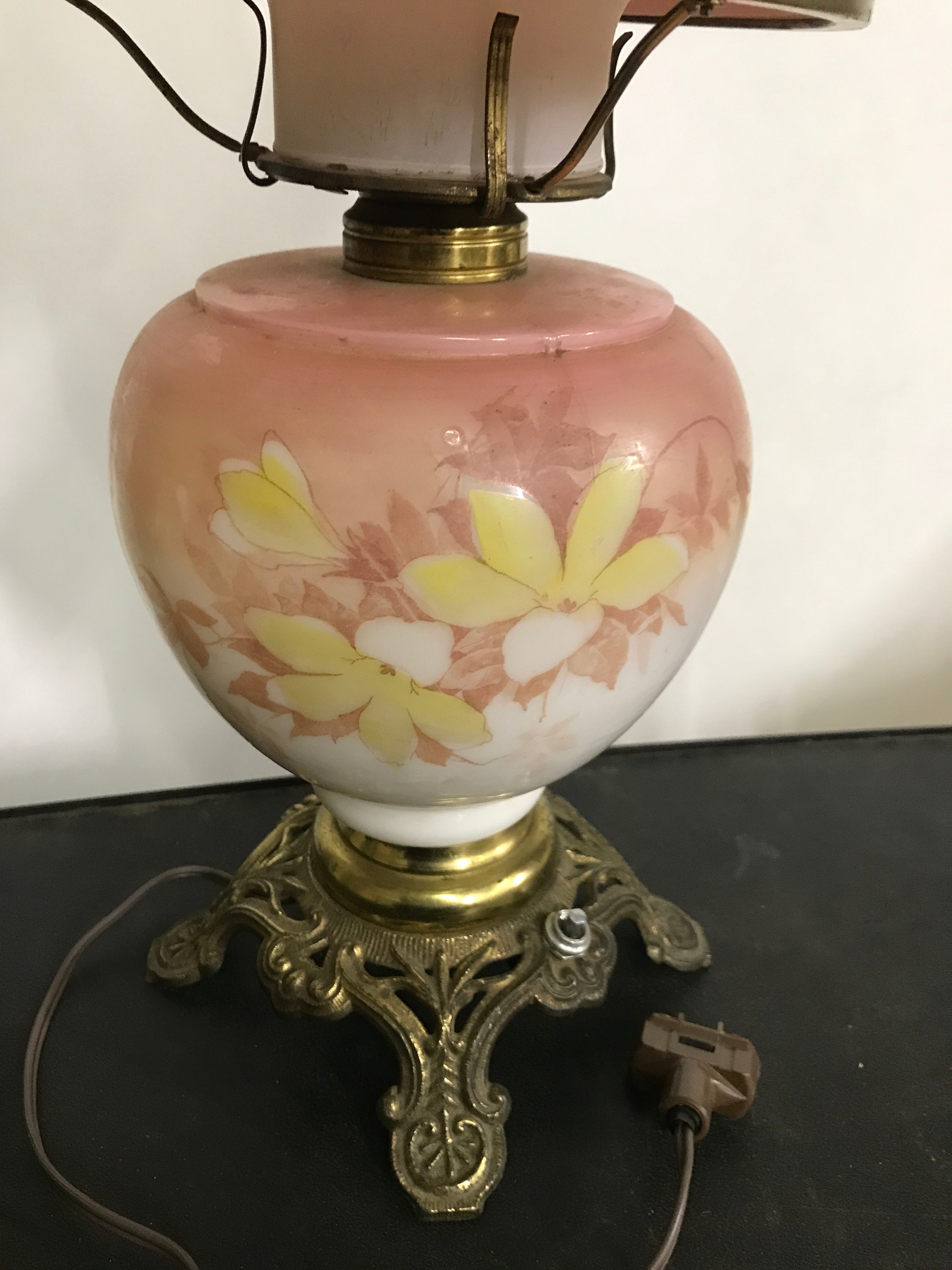 Vintage Pink Glass Lamp  w Brass Foot and Hand-painted Floral Design