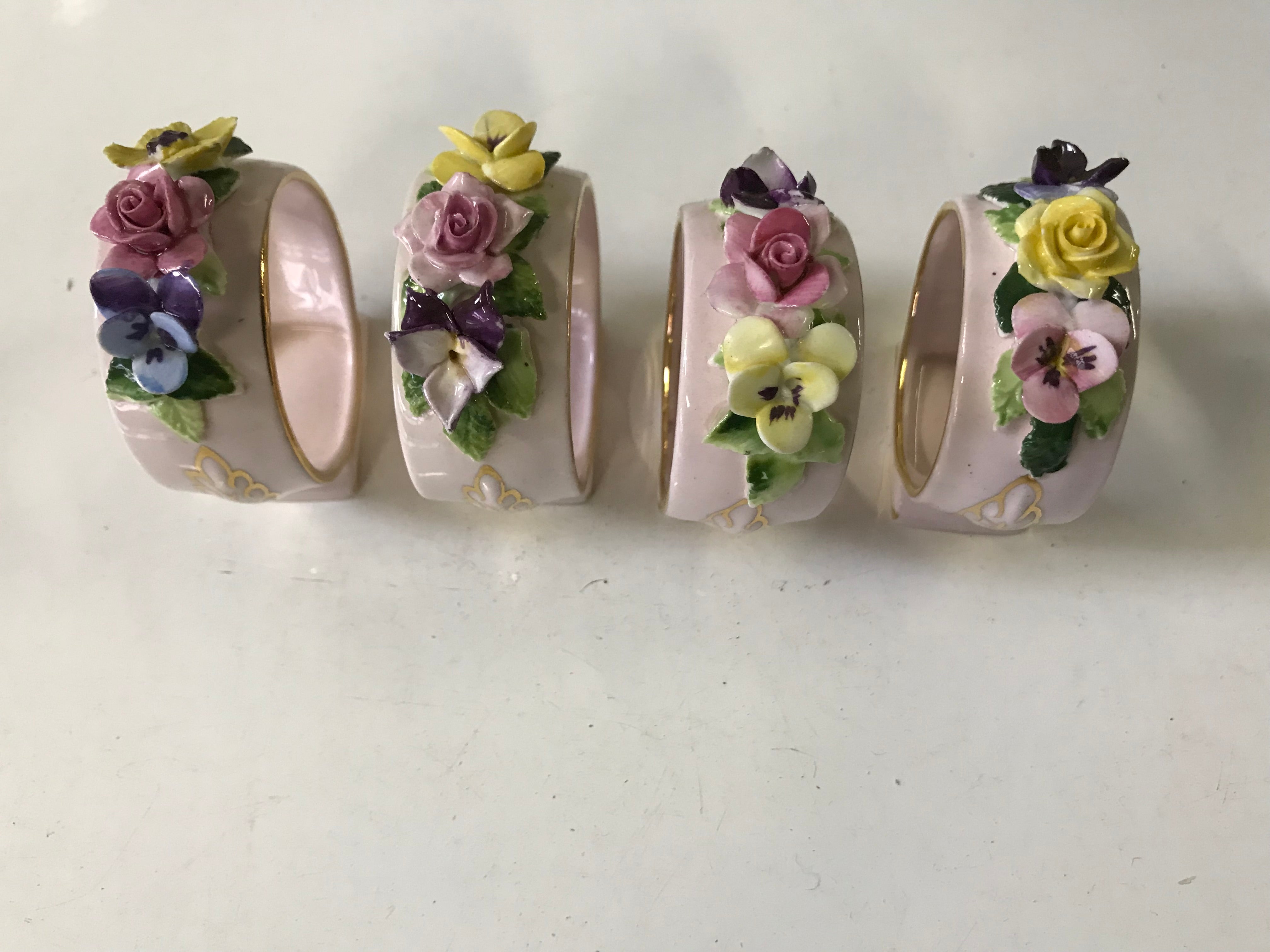 Set of 4 Napkin Rings - Floral Pink Bone China Vintage Royal Adderley