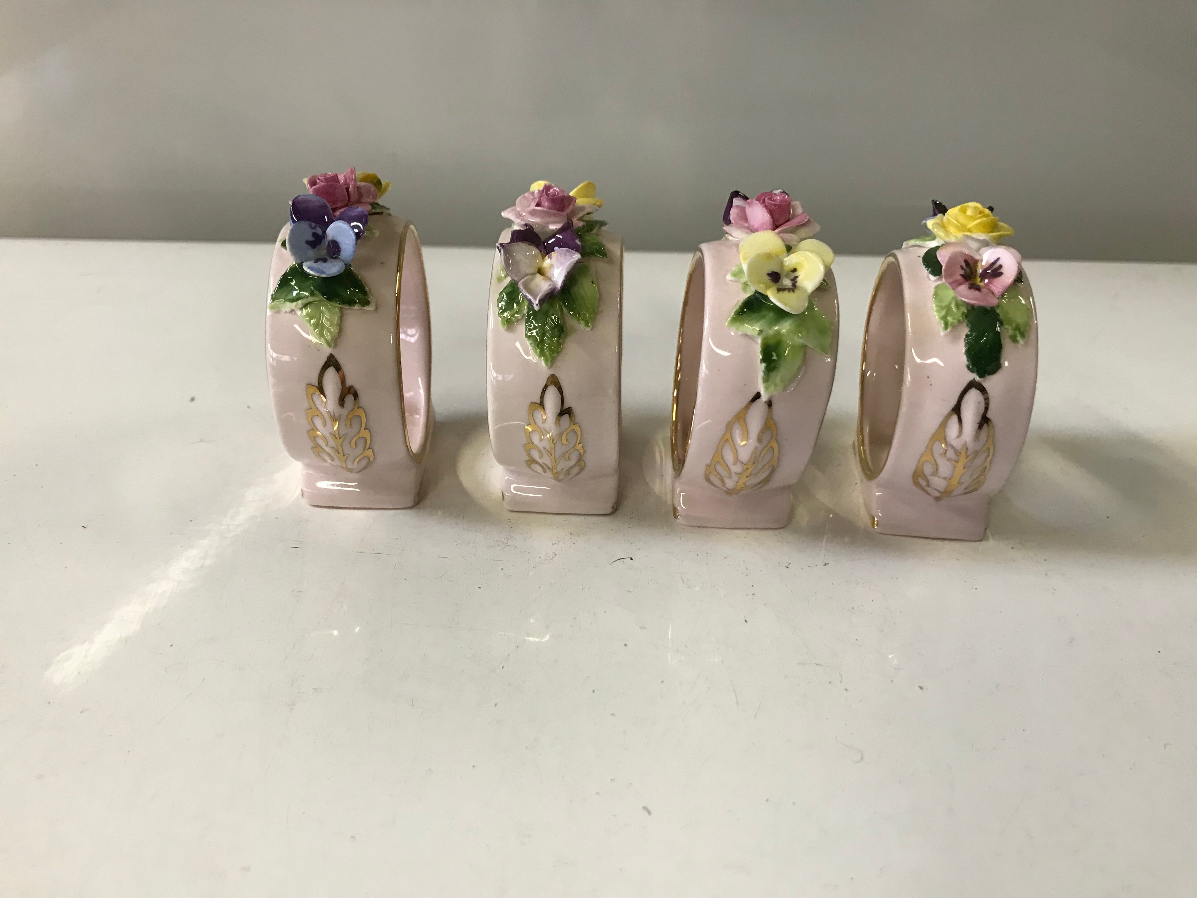 Set of 4 Napkin Rings - Floral Pink Bone China Vintage Royal Adderley