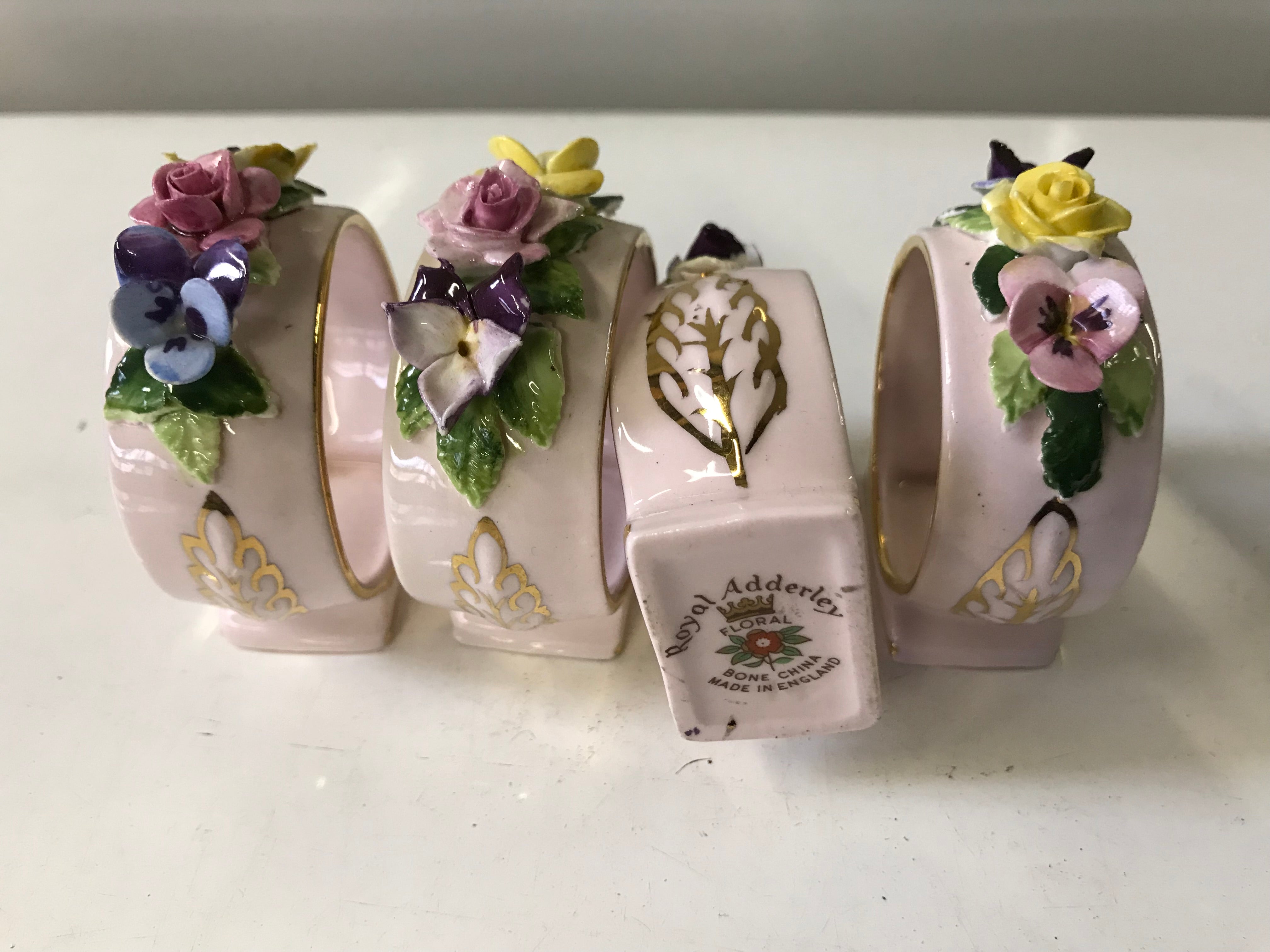 Set of 4 Napkin Rings - Floral Pink Bone China Vintage Royal Adderley