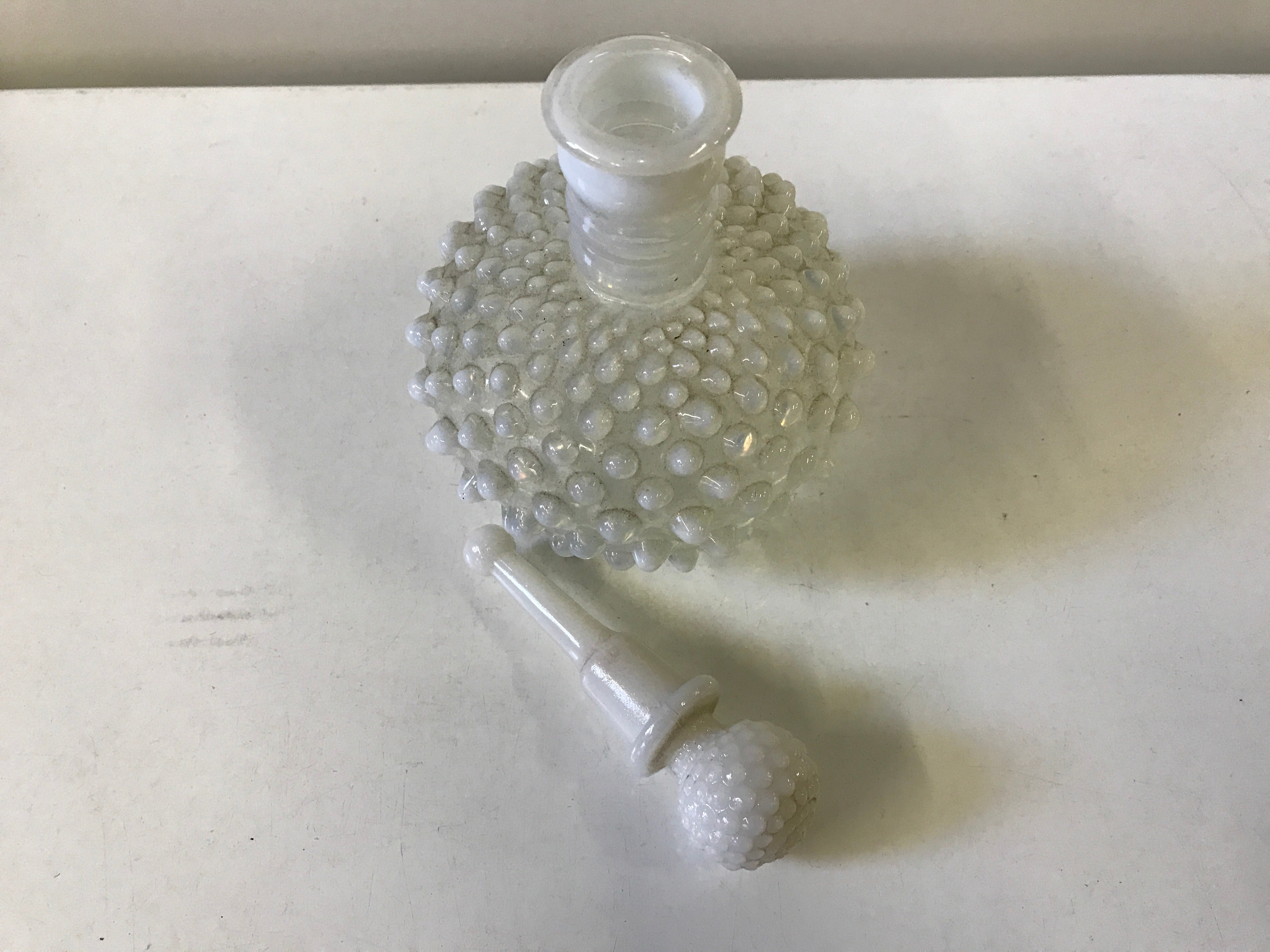 Opalescent Hobnail Perfume Bottle w Unique Stopper