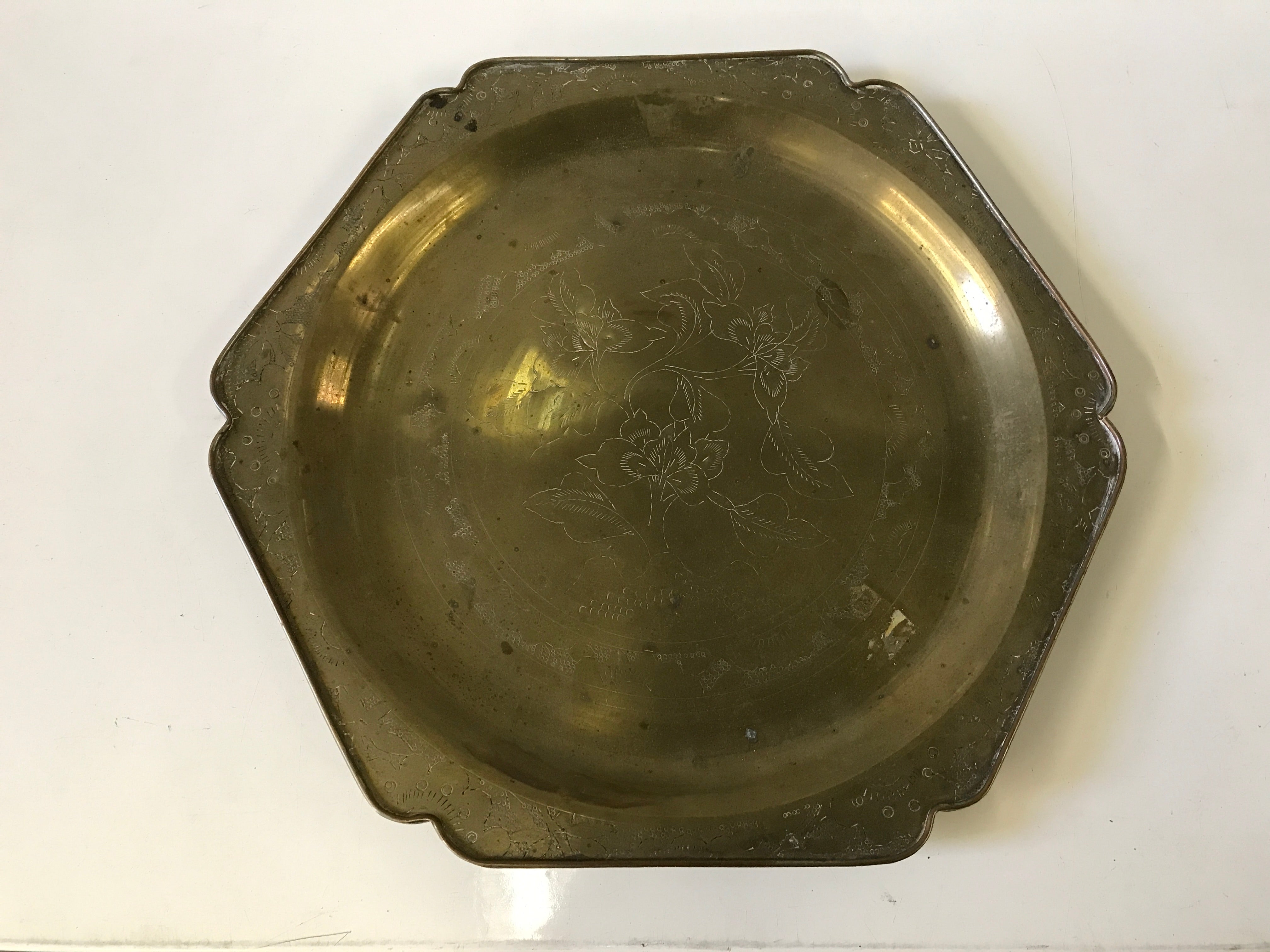 Decorative Brass Plate Hexagon Shape with Etched Floral Design
