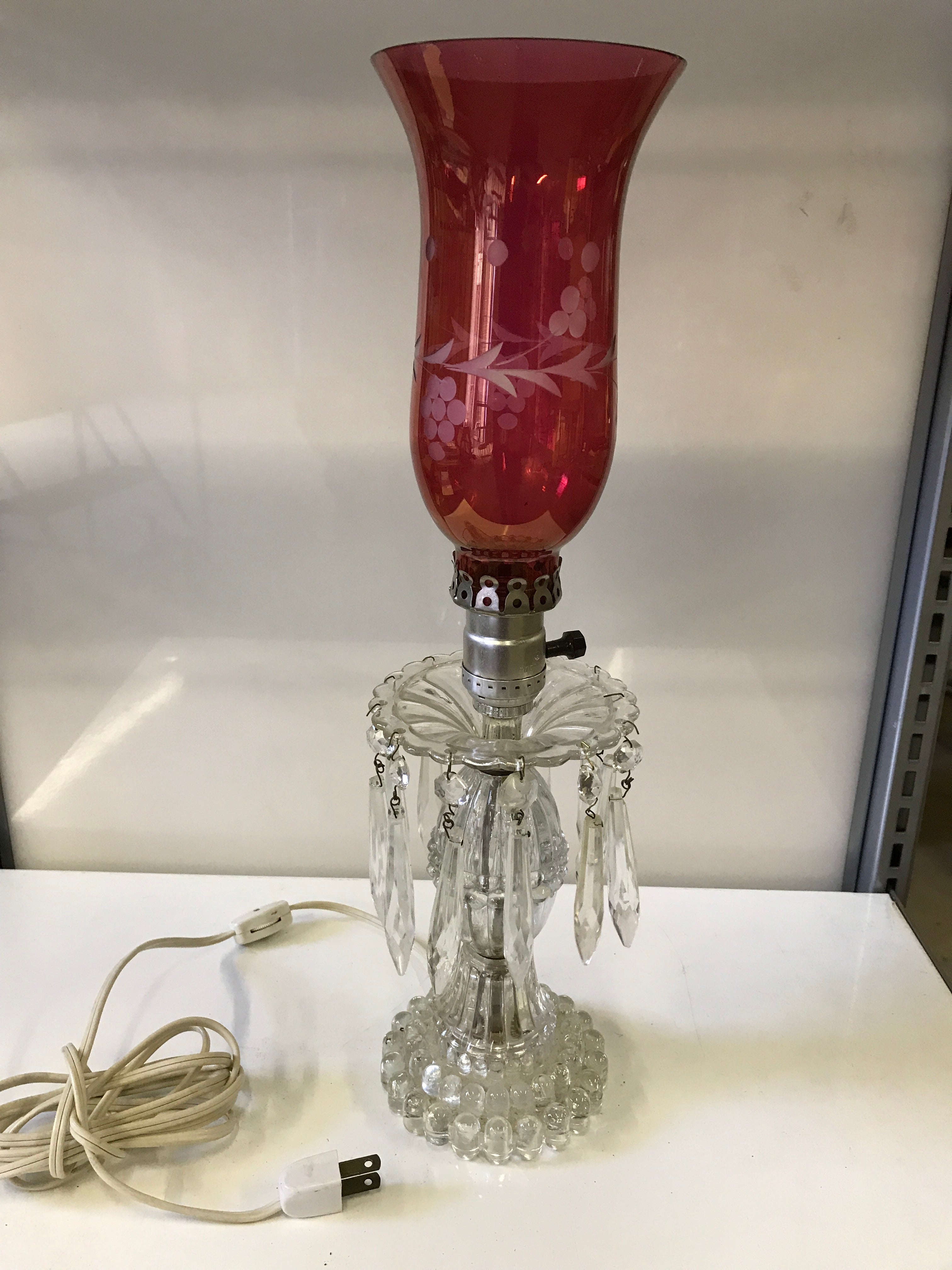 Etched glass & Crystal Hurricane Lamp