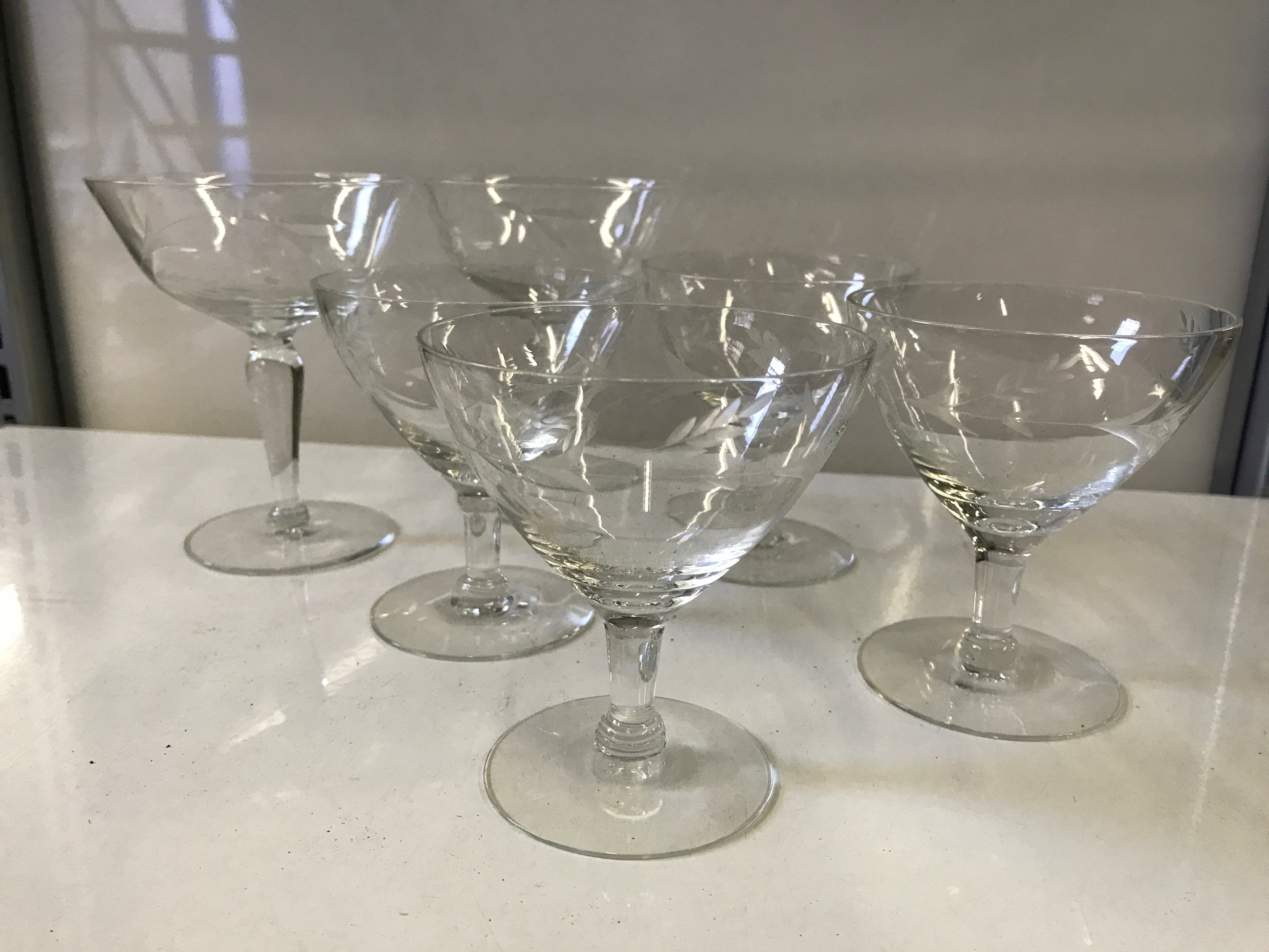 Set of Vintage Etched Coupe & Martini Glasses