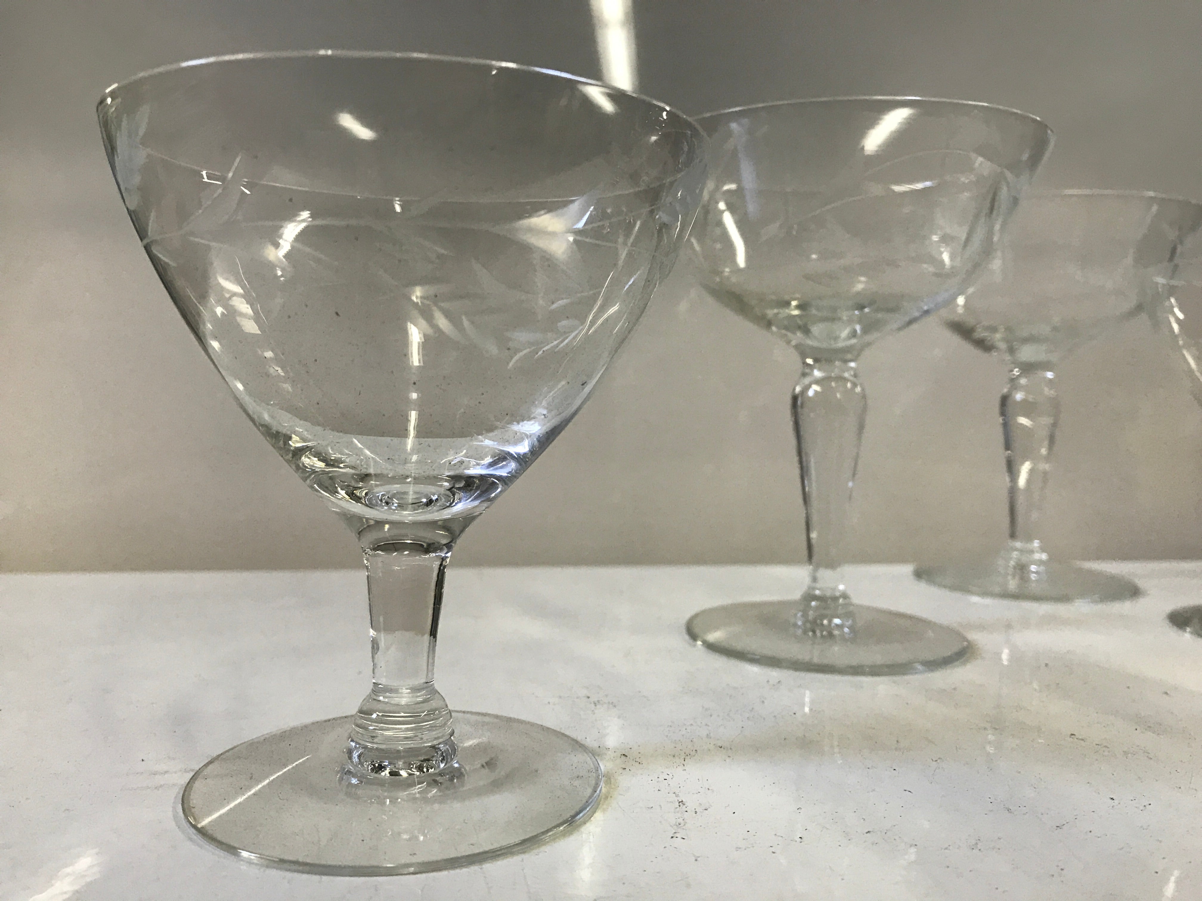 Set of Vintage Etched Coupe & Martini Glasses