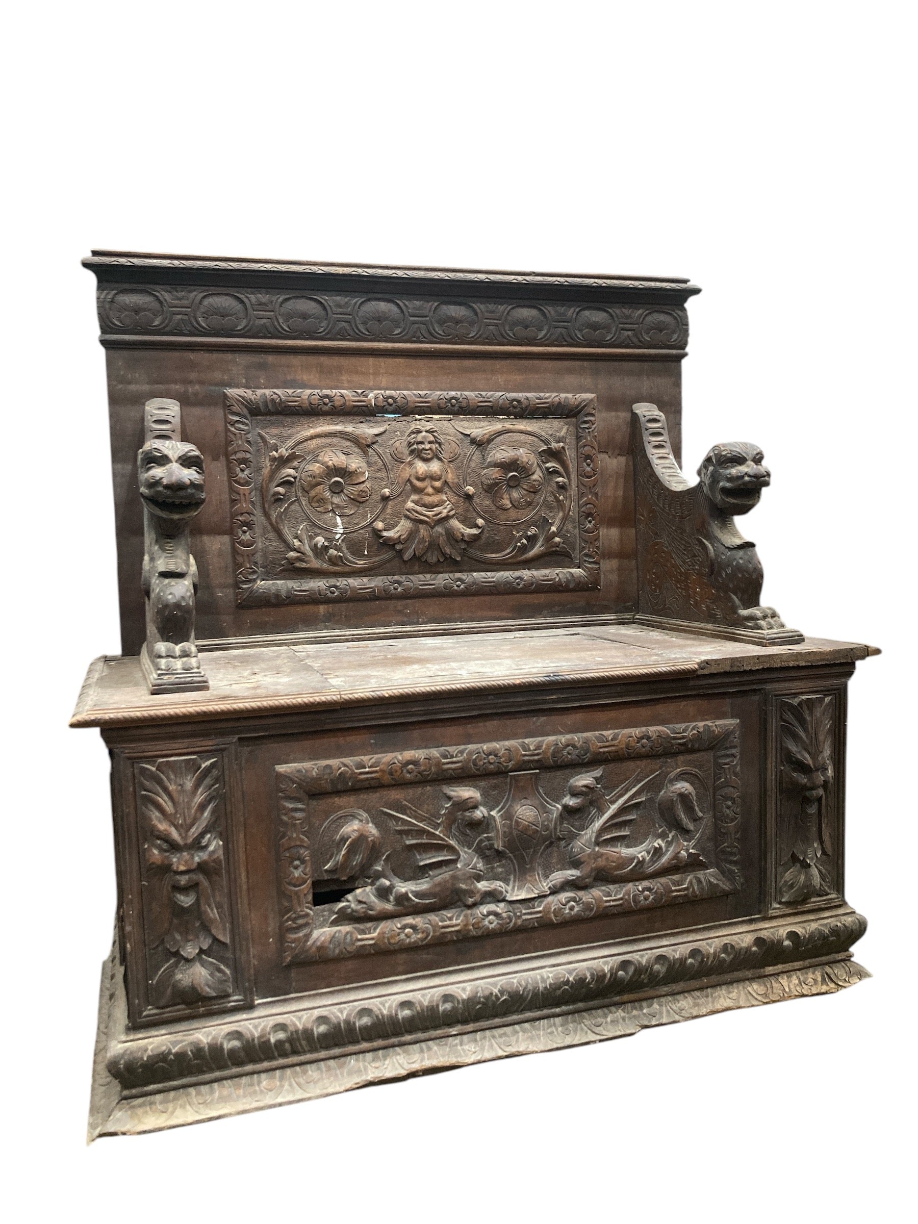 Hand-Carved Wooden Hall Bench with Hinged Storage Compartment