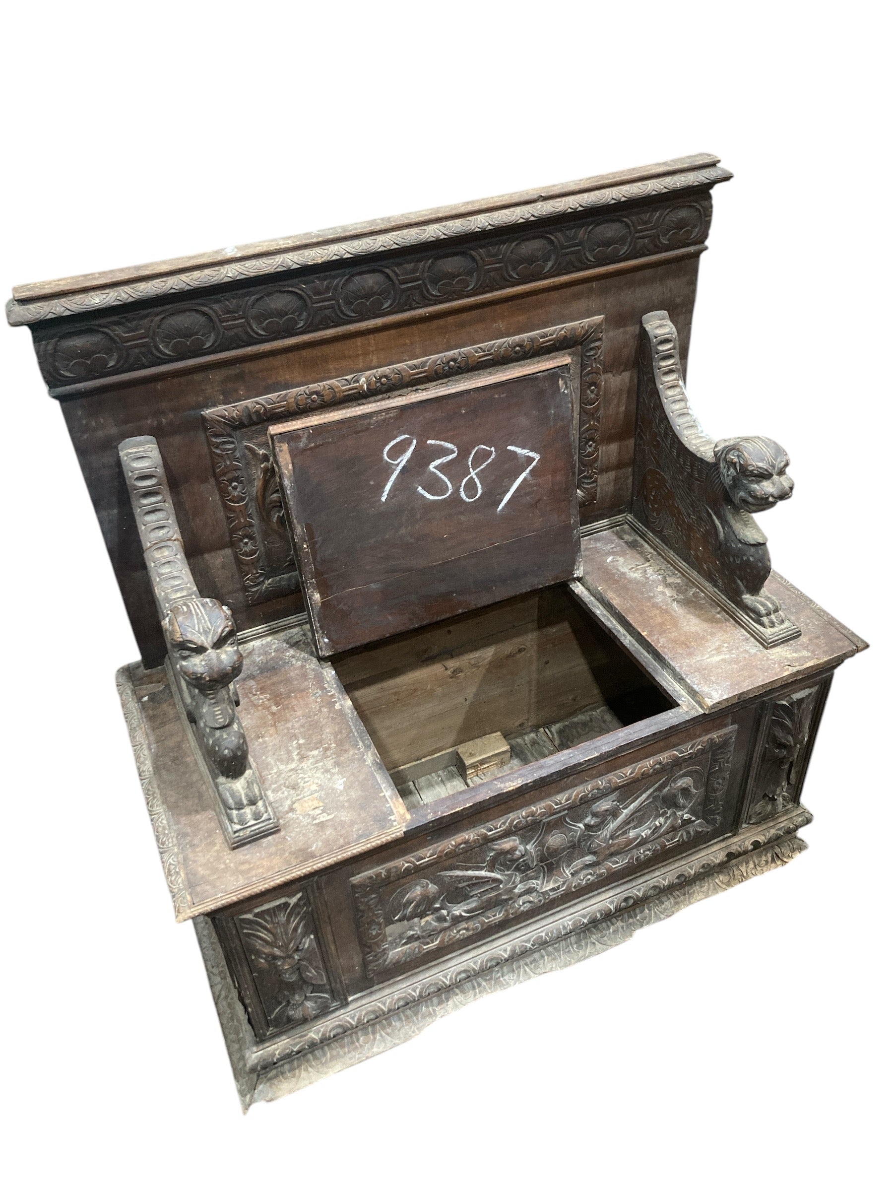 Hand-Carved Wooden Hall Bench with Hinged Storage Compartment