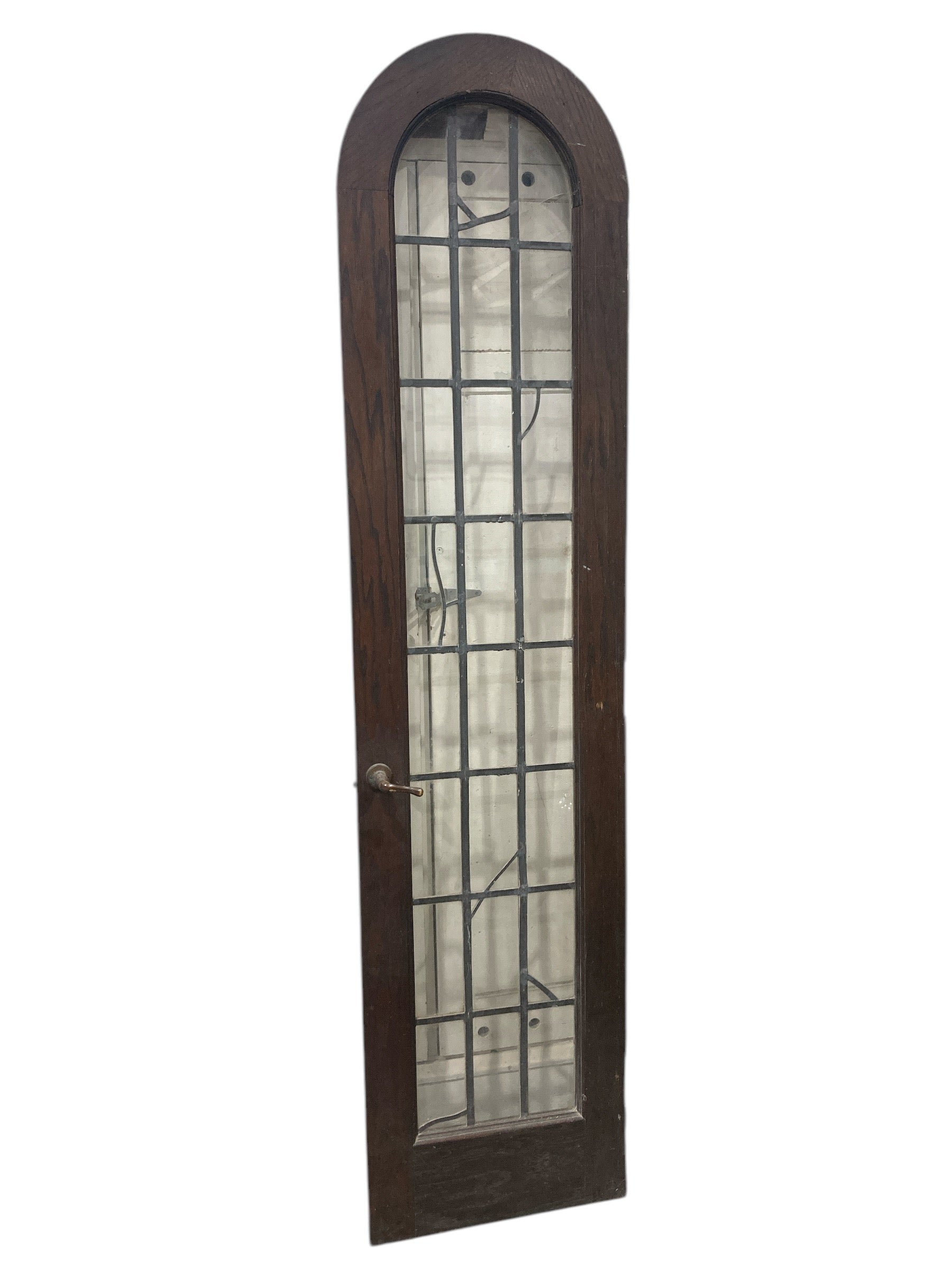 Right in Swing Arched Wooden Door with 24-Lite Leaded Glass Window