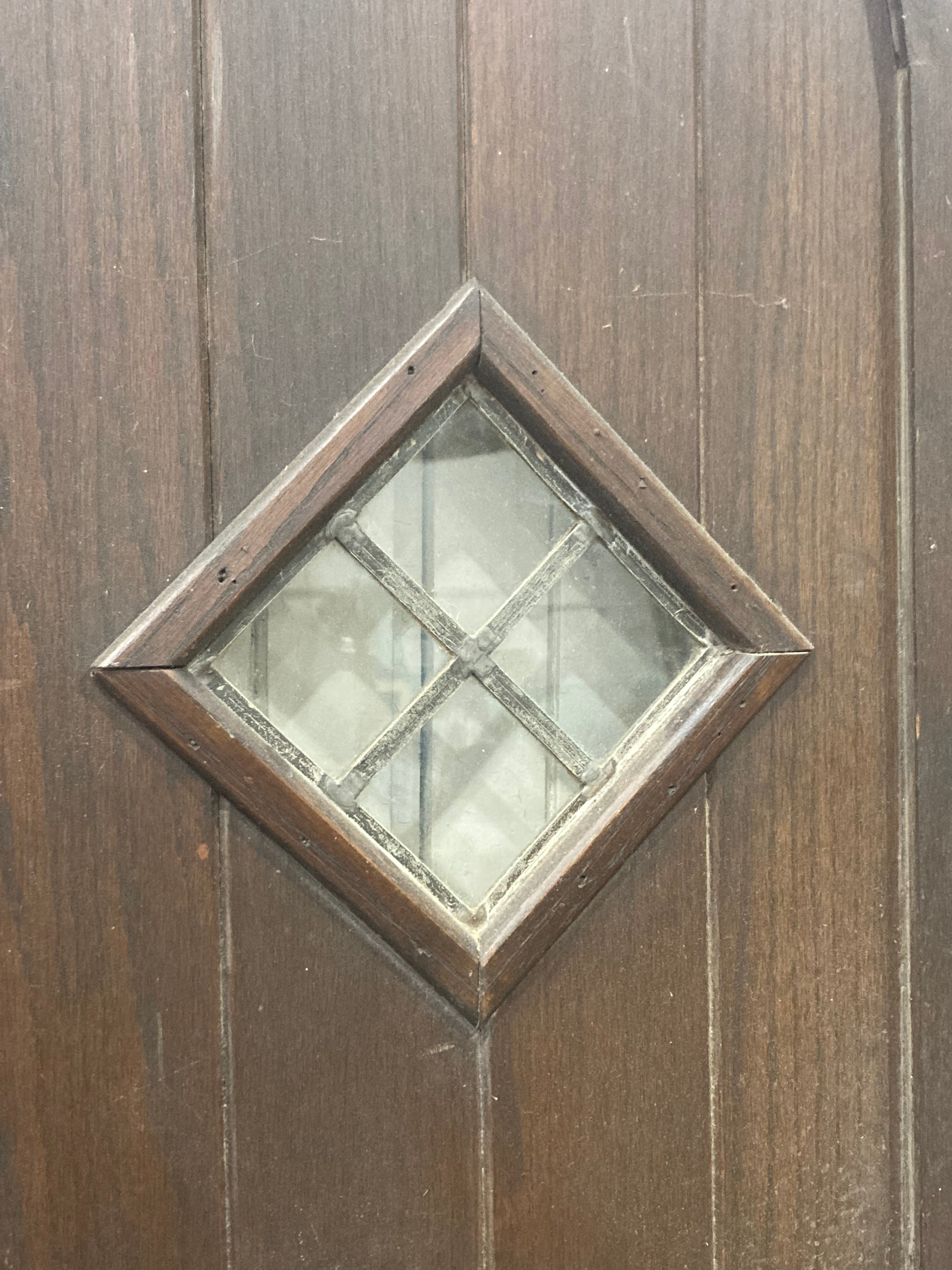 Left in Swing Arched Wooden Door with Diamond Shaped Leaded Glass WIndow