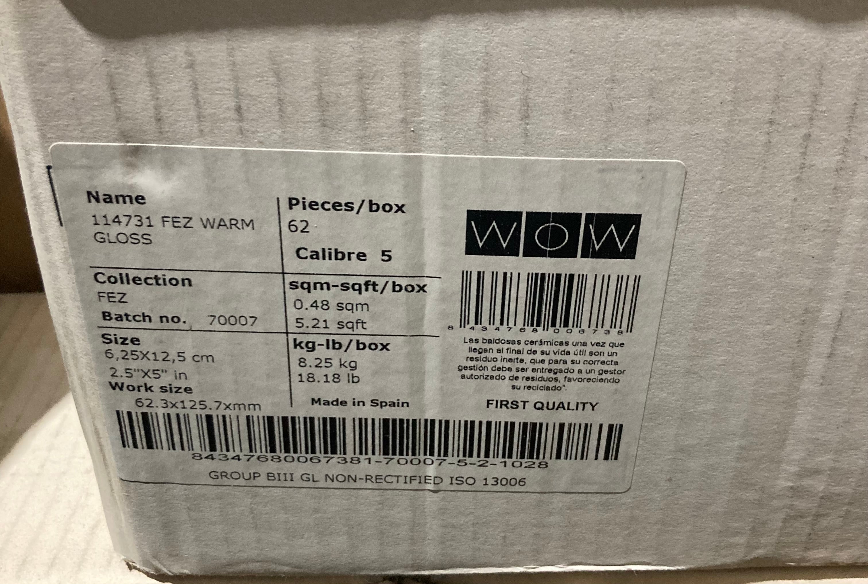 WOW FEZ 2.5" x 5" Warm Gloss Ceramic TIle- 62 Pieces / Box