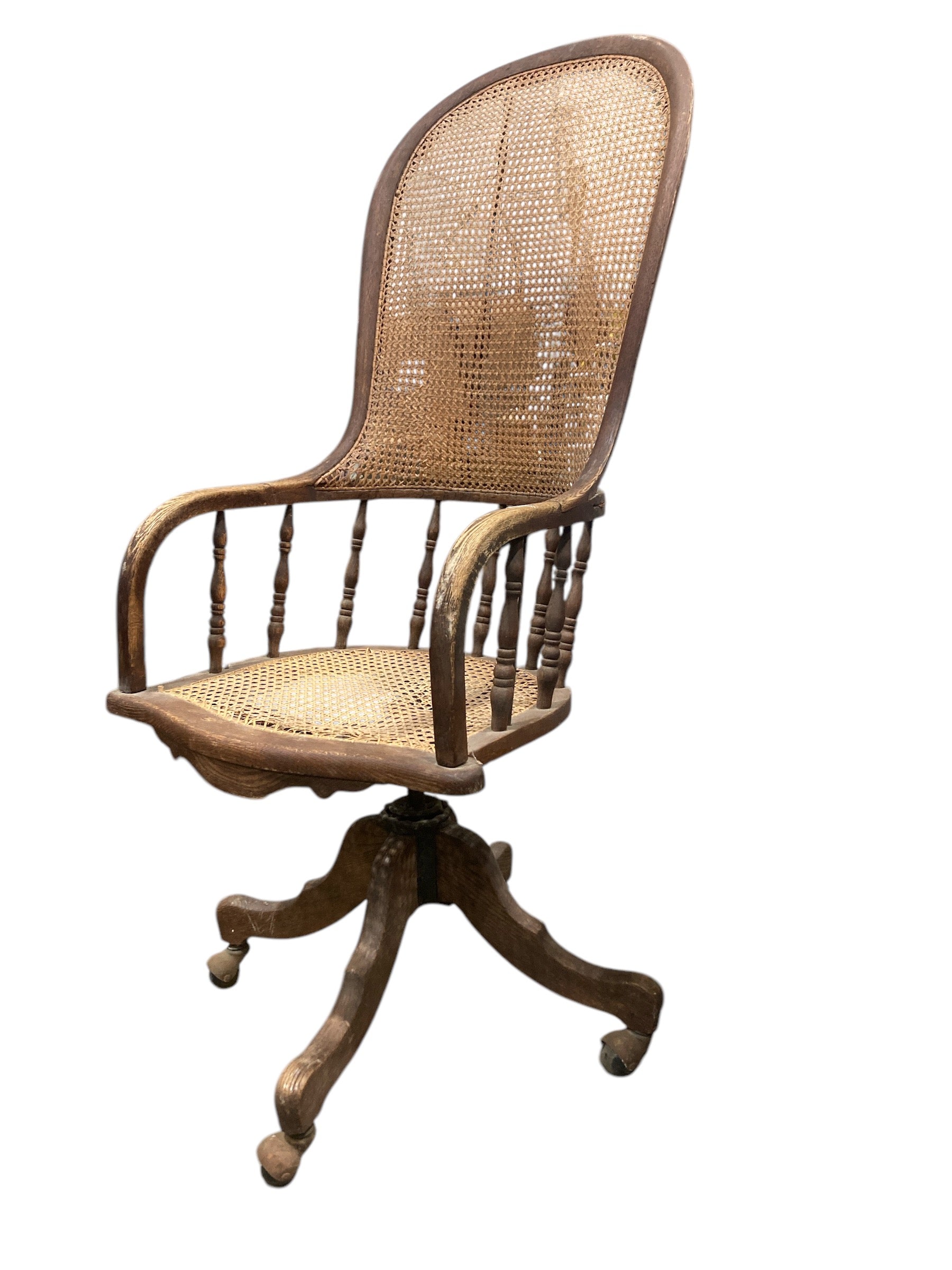 Antique Cane-Back Wooden Swivel Chair