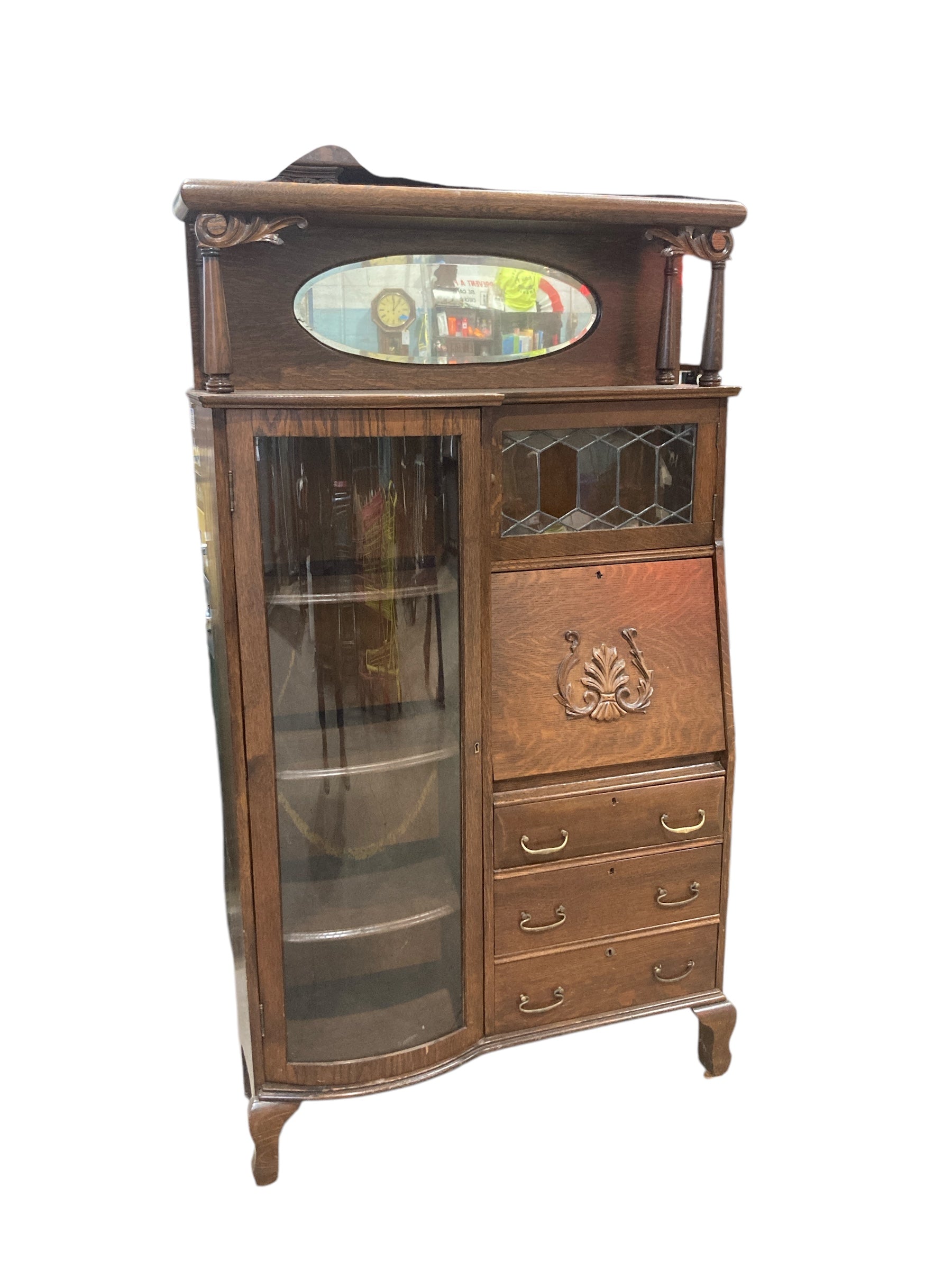 Larkin Furniture Co. side by side Secretary Desk with Curved Glass China Cabinet and Leaded Glass Bookcase.