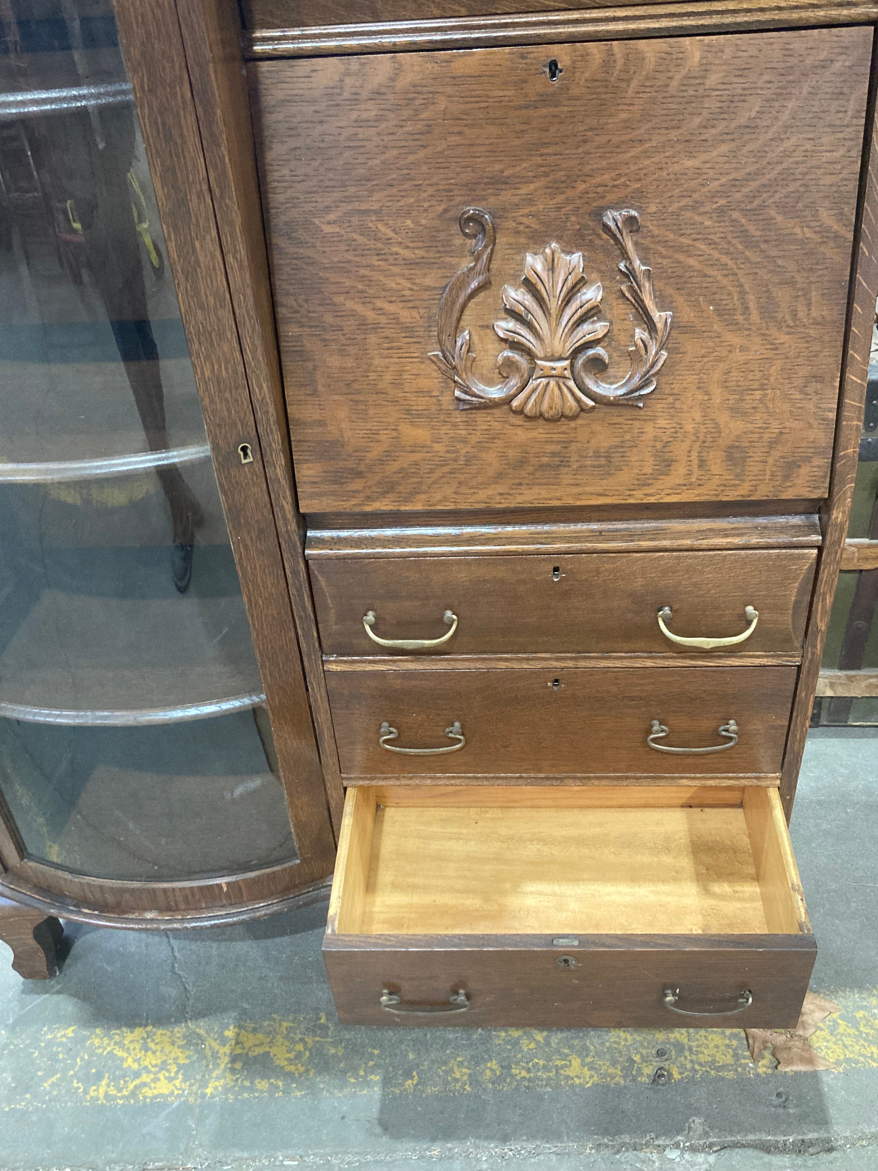 Larkin Furniture Co. side by side Secretary Desk with Curved Glass China Cabinet and Leaded Glass Bookcase