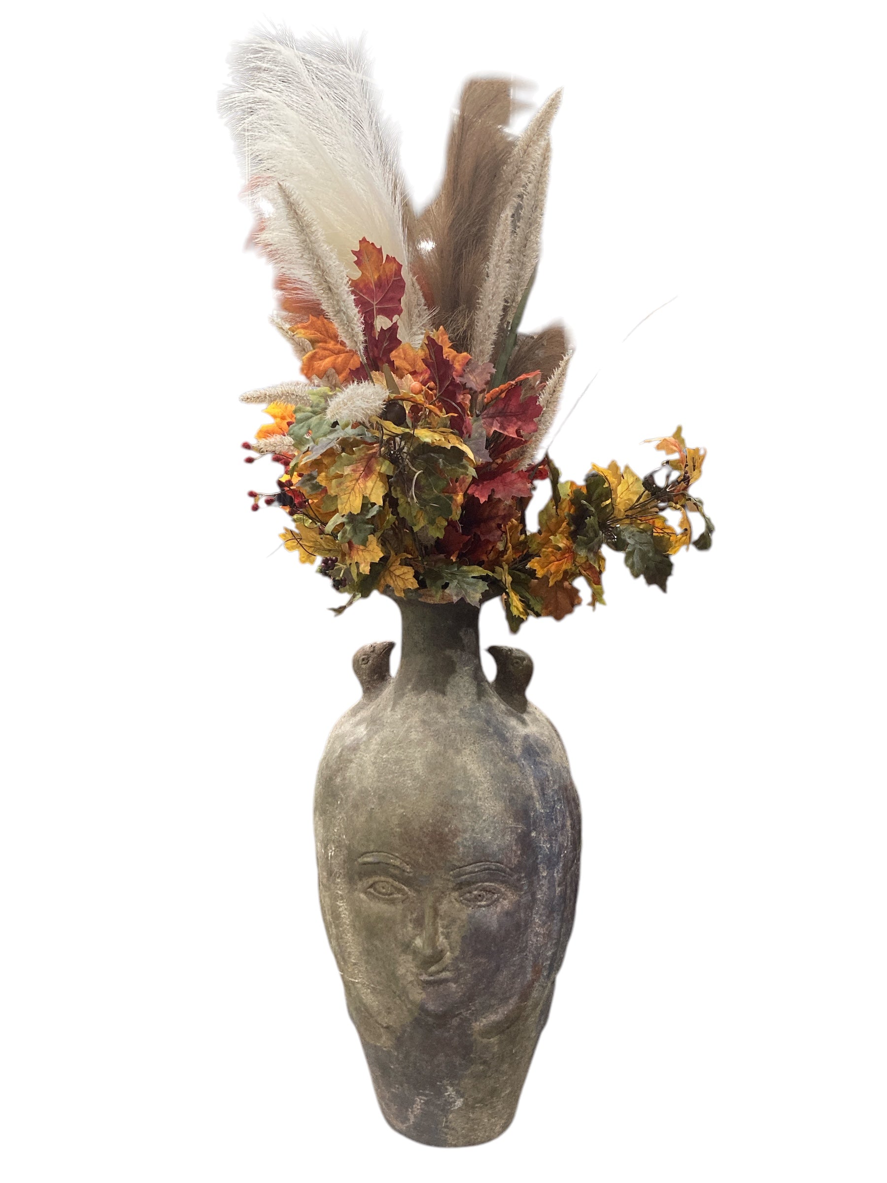 Terracotta Vase with Carved Face and Bird Head Handles