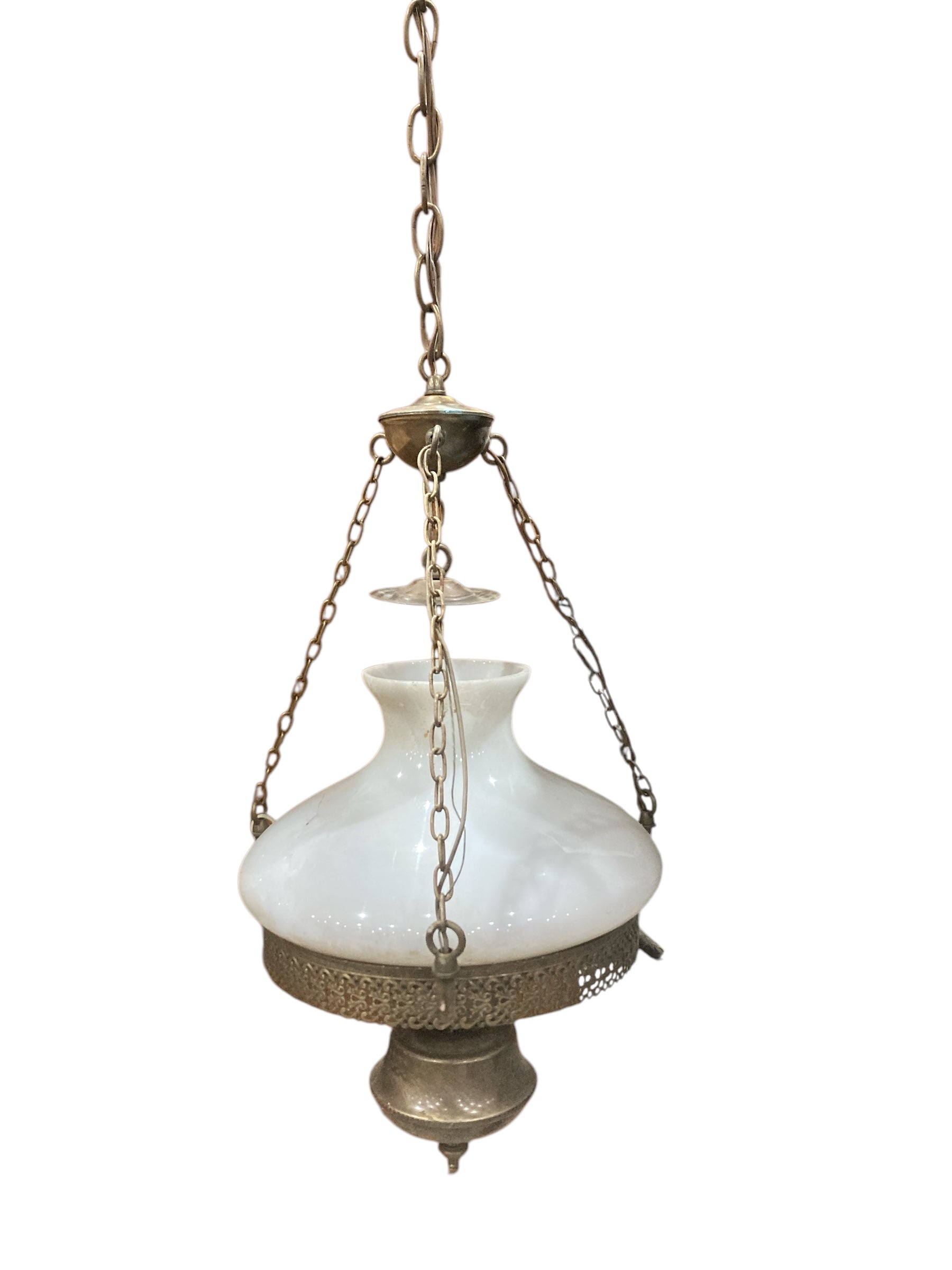 Hanging Brass and Milk Glass Chandelier