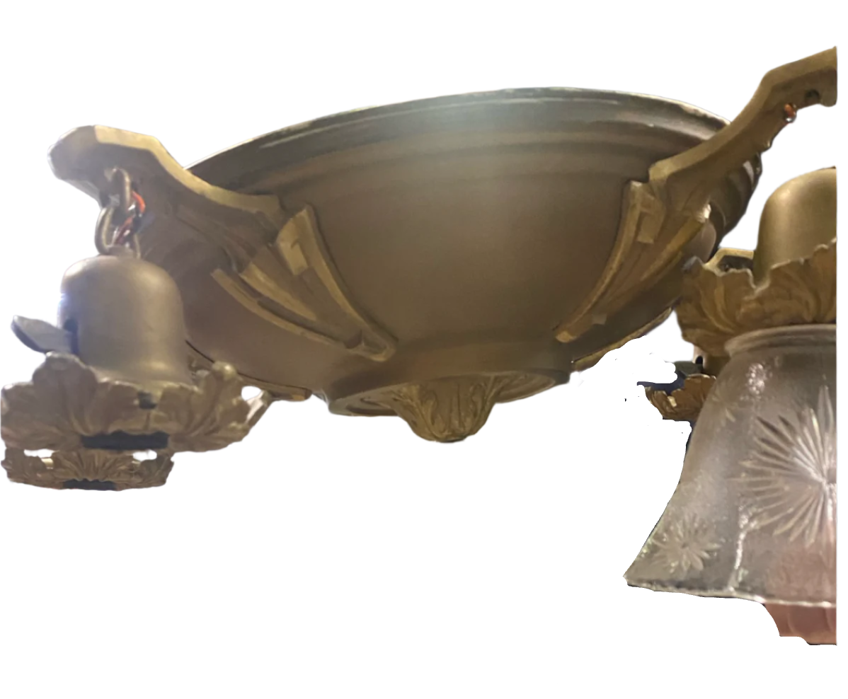 Antique Brass Chandelier with Glass Bell Shades