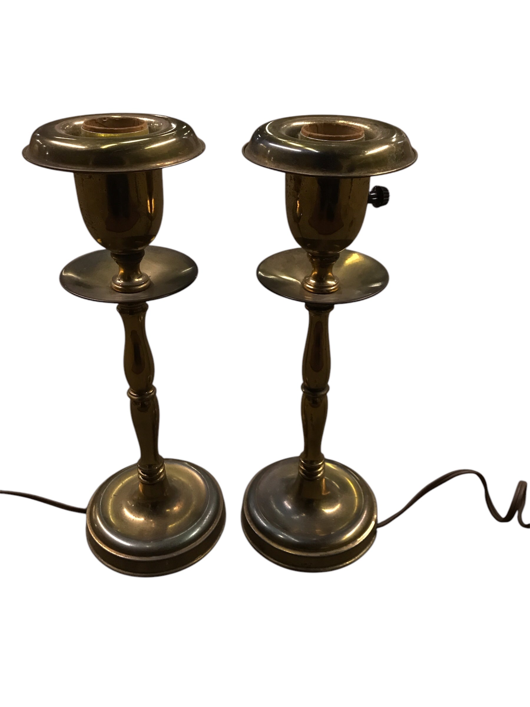 Pair of Vintage Brass Candlestick Lamps with Decorative Bases