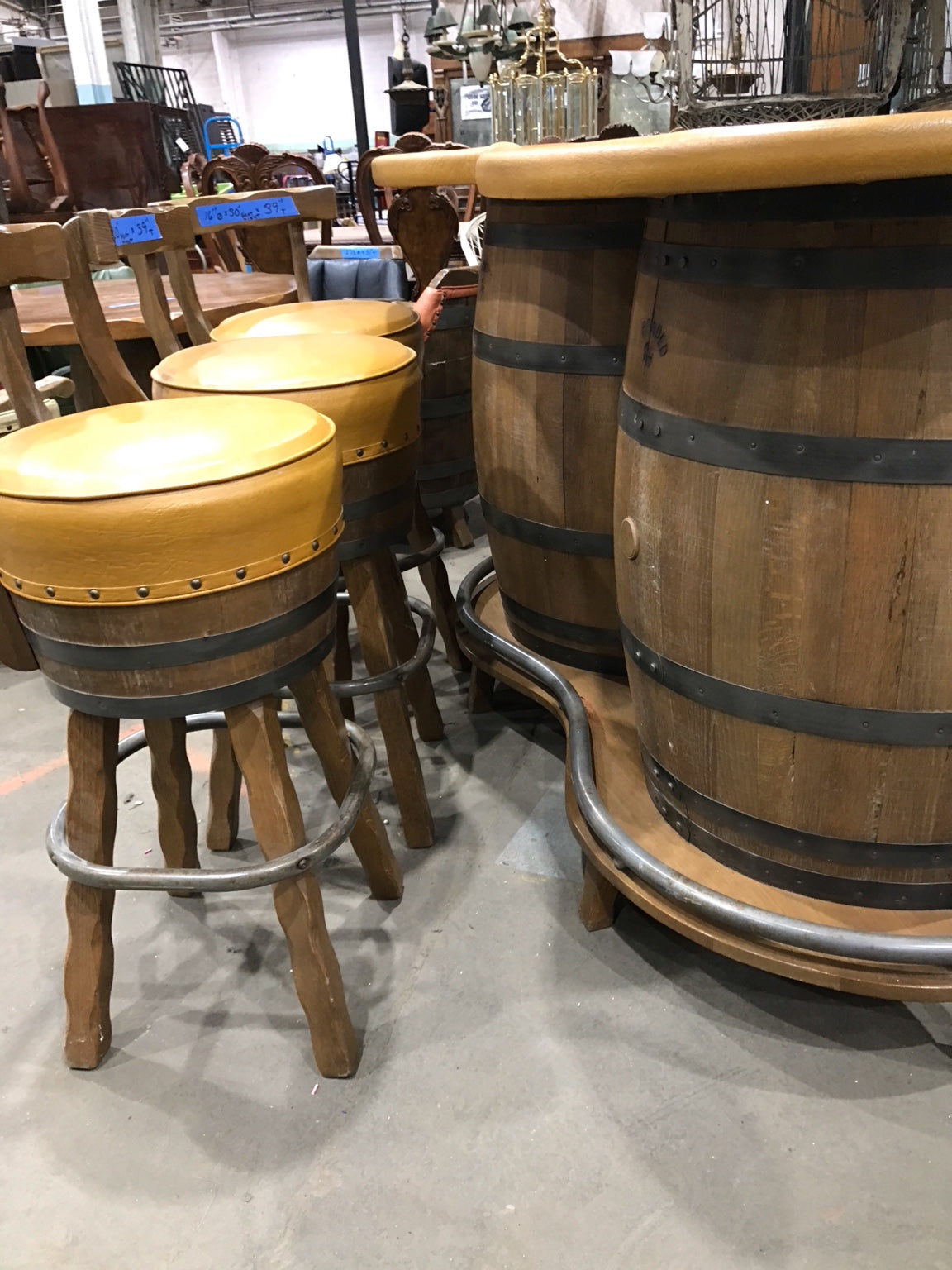 Rustic Whiskey Barrel Bar Set with 3 Stools