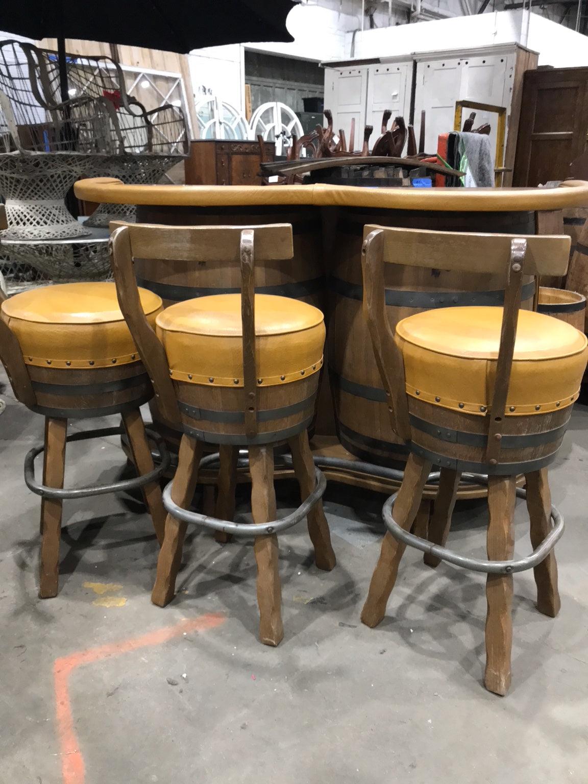 Rustic Whiskey Barrel Bar Set with 3 Stools