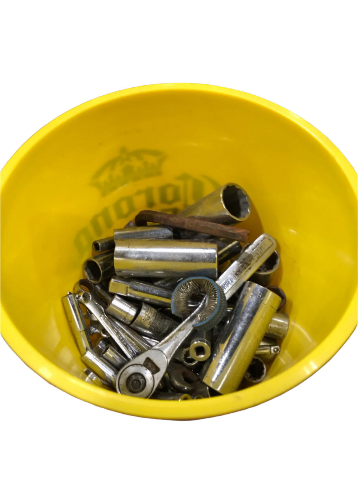 Assorted Ratchets, Sockets, and Tools in a Yellow Bucket