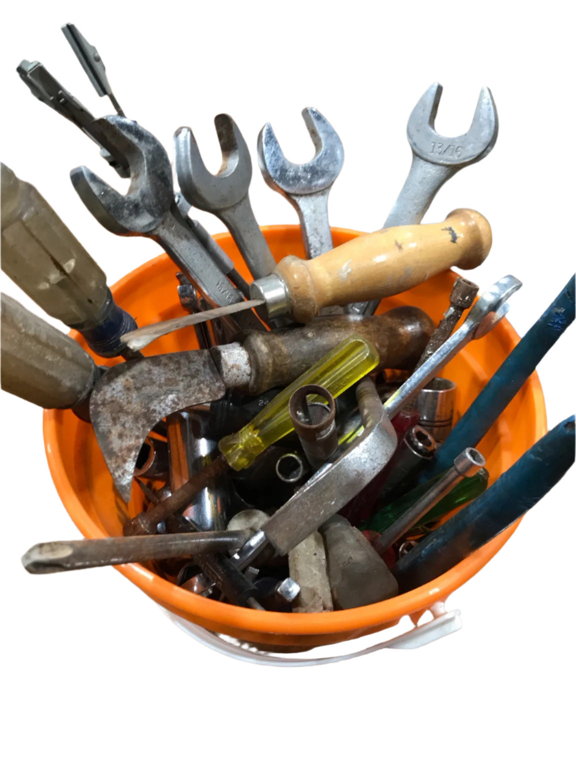 Assorted Hand Tools in Orange Bucket