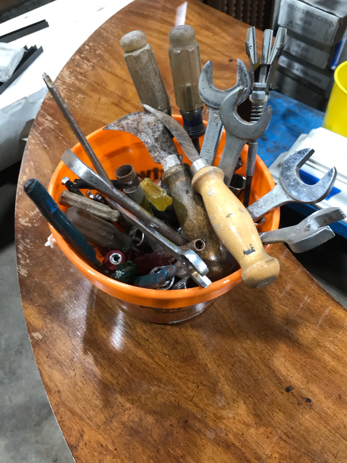 Assorted Hand Tools in Orange Bucket