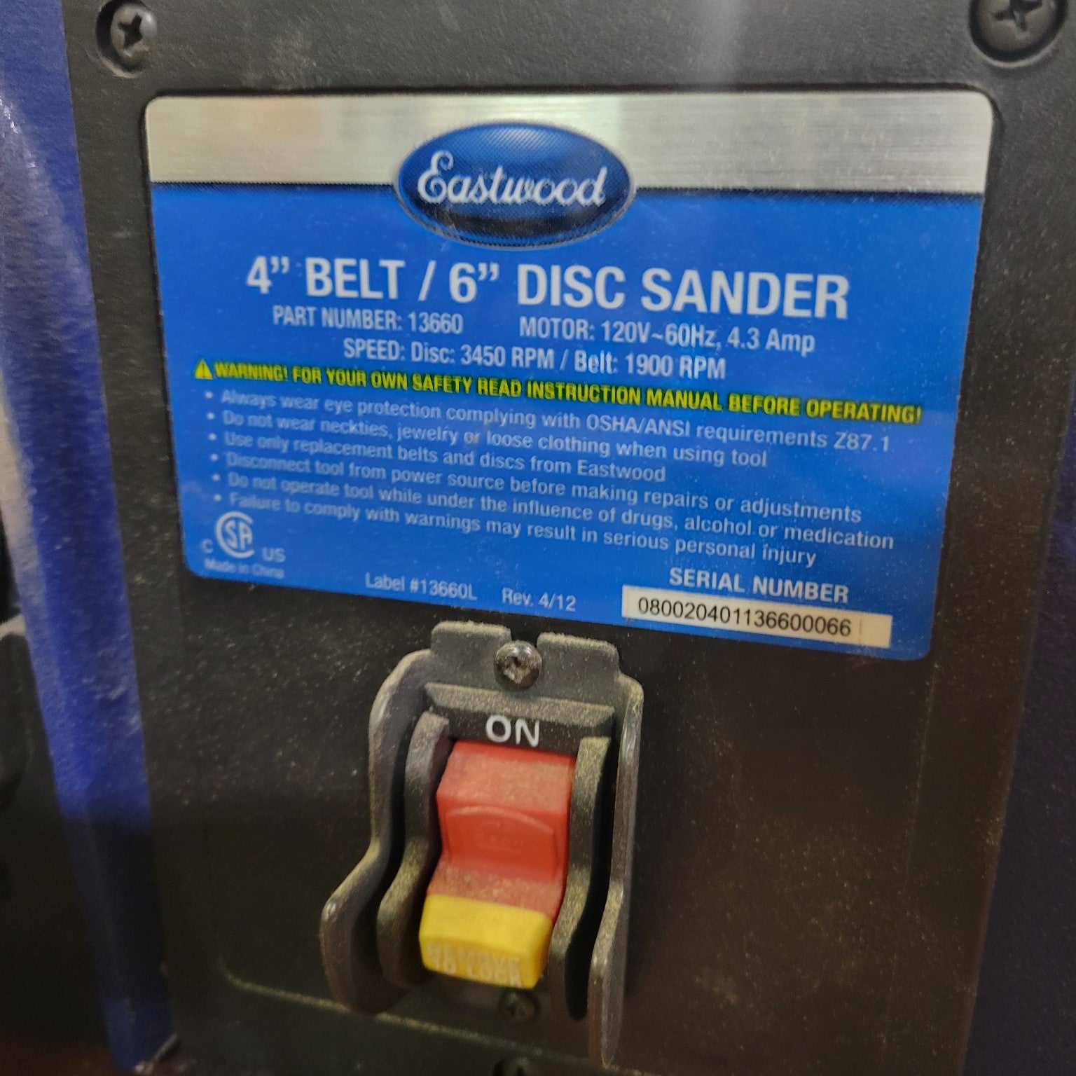 Eastwood 4" Belt / 6" Disc Sander